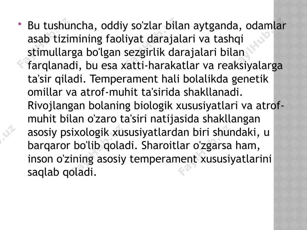 ijtimoiy moslashuvchanlikka ega. somatotonik – somatotoniklar jismoniy faollik va sportni afzal ko'rishadi, energiyali va doimiy harakatga intilishadi. ular bevosita va amaliy fikrlashga ega. uilyam sheldonning konstitutsional nazariyasi psixolog uilyam sheldon insonlarni ularning jismoniy xususiyatlari va tana proporsiyalariga asoslanib, uchta asosiy konstitutsiya turiga tasniflagan: mezomorf – baquvvat, mushakli tana tuzilishiga ega. ko'pincha yetakchilik fazilatlarini namoyish etadi va jismoniy faollikka intilishadi. endomorf – to'la, zich tana tuzilishiga ega bo'lib, yog' to'qimalariga ega. yumshoq, dumaloq shakllarga ega va energiyani yig'ishga moyil. u muvozanatli, do'stona deb hisoblanadi. ektomorf – nozik tana tuzilishiga ega bo'lib, uzun qo'l-oyoqlari va past yog' massasi foiziga ega. ingichka shakllarga ega va yuqori darajadagi harakatchanlikka ega. sezgir, intellektual va introversiyaga moyil. i.p. pavlovning fiziologik asoslari i.p. pavlovning nazariyasiga ko'ra, temperamentning fiziologik asoslarini ko'rsatadigan jadval: yuqarilik xususiyati (ko'tarilish) – yuqori darajadagi stimulga tez javob, faoliyat, tez jahli chiqish – xolerik. yuqarilik xususiyati (tormozlanish) – stimulga sekin javob, xotirjamlik, barqarorlik – flegmatik. …
