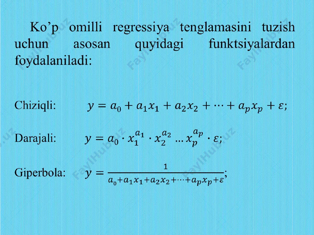 hi( 2 x ) va ichki bozordagi iste’moli( 3 x )ga nisbatan ko‘p omilli regressiyasi quyidagi tenglama bilan ifodalangan bo‘lsin: 321 343,0476,0135,0028,66 ˆ xxxy  . omillarning o‘rtacha qiymatlari quyidagicha bo‘lsin: .5,182;7,3;7,245;5,31 321  xxxy berilgan ma’lumotlar asosida to‘plam bo‘yicha o‘rtacha elastiklik ko‘rsatkichini (6.3) dan foydalanib topish mumkin, ya’ni i i x x i y y x bie . qaralayotgan misoldagi birinchi ko‘rsatkich uchun o‘rtacha elastiklik koeffitsienti quyidagiga teng: %,053,1 5,31 7,245 135,0 1  x y e ya’ni, mahalliy ishlab chiqarish hajmi 1% ga o‘sganda, zaxira hajmi va iste’mol o‘zgarmagan holda import hajmi hududlar to‘plami bo‘yicha 1,053%ga o‘sadi. ikkinchi o‘zgaruvchi uchun elastiklik koeffitsienti teng: %056,0 5,31 7,3 476,0 2  x y e ya’ni, zaxiraning o‘zgarishi 1% ga o‘sganda, ishlab chiqarish va ichki iste’mol o‘zgarmaganda, import hajmi o‘rtacha 0,056% ga ko‘payadi. uchinchi o‘zgaruvchi uchun esa elastiklik koeffitsienti quyidagiga teng: %987,1 5,31 5,182 343,0 3  x y e ya’ni, …