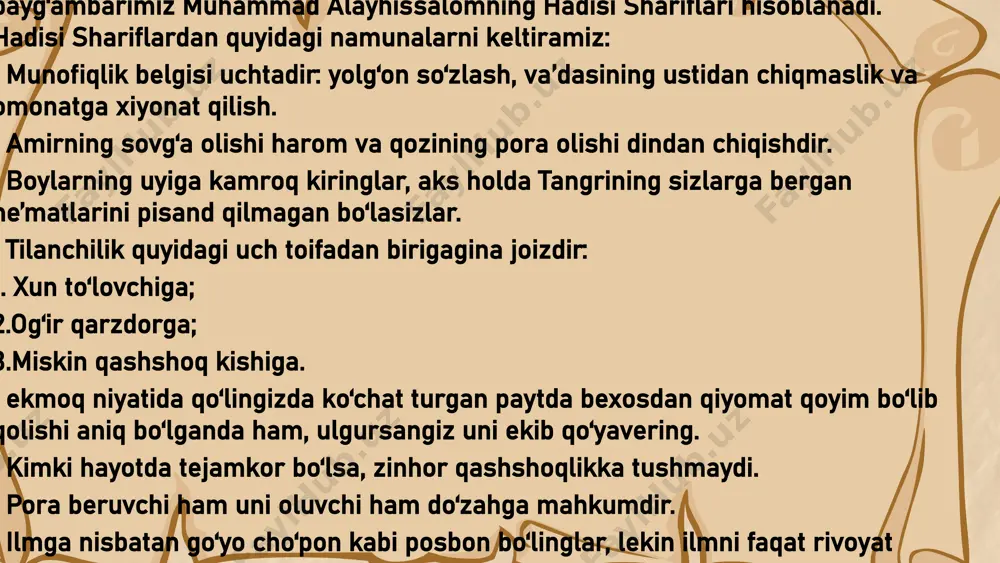 shlarni ado etib, munkar, man qilingan, insoniyatni zavolga boshlaydigan ishlarni qilmaslik tushuniladi. demak, taqvo insonlarning bir-biridan afzalligini belgilashdagi asosiy o‘lchovlardan biri hisoblanadi . bu afzallik manaviy va ruhiy tarbiyalash bilan o‘zgalarni yashash va turmush kechirish huquqlarini e’tirof etish bilan shakllanadi . islom ta ’ limotini chuqurroq tushunishda qur ’ oni karimdan keyingi h ujjat payg‘ambarimiz muhammad alayhis s alomning hadisi shariflari hisoblanadi . hadisi shariflardan quyidagi namunalarni keltiramiz : • munofiqlik belgisi uchtadir : yolg‘on so‘zlash , va ’ dasining ustidan chiqmaslik va omonatga x iyonat qilish . • amirning sovg‘a olishi h arom va qozining pora olishi dindan chiqishdir . • boylarning uyiga kamroq kiringlar , aks holda tangrining sizlarga bergan ne’matlarini pisand qilmagan bo‘lasizlar . • tilanchilik quyidagi uch toifadan birigagina joizdir : 1. xun to‘lovchiga ; 2.og‘ir qarzdorga ; 3.miskin qashshoq kishiga . • ekmoq niyatida qo‘lingizda ko‘chat turgan paytda bexosdan qiyomat qoyim bo‘lib qolishi aniq bo‘lganda …