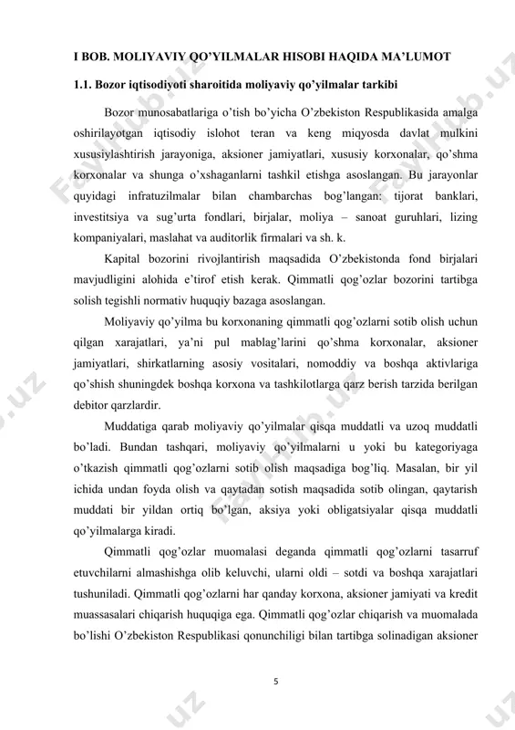 an miqdorda dividend olish va jamiyat faoliyatining moliyaviy natijalarini aniqlash huquqini beradi. imtiyozli aksiyalar aksioner jamiyatini boshqarishda qatnashish huquqini bermaydi, lekin korxona o’z faoliyatini foyda bilan yakunlamaganda ham birinchi navbatda qat’iy belgilangan miqdorda dividend olish huquqini beradi. bunday hollarda korxona rezerv fondidagi mablag’lardan foydalanadi. imtiyozli aksiyalarni chiqarish aksioner jamiyatiga o’z mablag’larini jalb qilish yo’li bilan ustav kapitalini ko’paytirish imkoniyatini beradi. obligatsiya – uni saqlovchilarga qat’iy belgilangan foiz bilan birga nominal qiymatini to’lash majburiyatini tasdiqlovchi qimmatbaho qog’ozdir. obligatsiyani tasarruf etuvchi obligatsiya chiqargan aksioner jamiyati yoki korxonaning, davlat yoki mahalliy hukumatning kreditori bo’lib hisoblanadi. shaxsini belgilash usuli va boshqa xususiyatlariga qarab ismi yozilgan va ko’rsatuvchiga berilgan, foizli va foizsiz, erkin muomalada bo’ladigan va muomala doirasi cheklangan obligatsiyalarga bo’linadi.obligatsiyalarni har qanday mulk shakliga ega bo’lgan korxona chiqarishi mumkin. ularni sotishdan olingan pul faqat korxonani rivojlantirish uchun foydalanishi mumkin. ichki davlat obligatsiyalari va mahalliy zayomlar bank muassasalari orqali tarqatiladi; ularni sotishdan olingan mablag’lar tegishli …