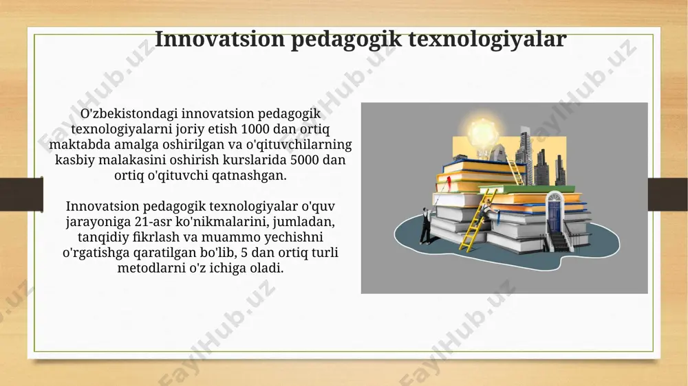 tibor qaratilmoqda, bu 10 yildan ortiq muddatga moʻljallangan strategiya doirasida amalga oshirilmoqda. taʼlim muassasalarida pedagogik obrazni shakllantirish strategiyasi ta'lim muassasalarida pedagogik obrazni shakllantirish, o'qituvchilarning kasbiy malakasini 30% ga oshirish va zamonaviy pedagogik texnologiyalarni qo'llashni o'z ichiga oladi. strategiya doirasida kamida 10 ta yangi pedagogik loyiha va dasturlarni joriy etish orqali o'qituvchilarning innovatsion faoliyatini rag'batlantirish rejalashtirilgan. pedagogik hamkorlik va jamoaviy ishlash oʻqituvchilarning hamkorlik orqali tayyorlaydigan dars ishlanmalari soni oʻrtacha 15% ga ortib, yangi pedagogik texnologiyalarni qoʻllash darajasi esa 10% ga oshadi. pedagogik hamkorlik maktablar oʻrtasida 20% ga samaradorlikni oshirishga, 5 tadan ortiq innovatsion loyihalarni qoʻllab-quvvatlashga va oʻqituvchilarning professional kompetensiyasini rivojlantirishga yordam beradi. oʻzbekiston taʼlim tizimidagi kelajakdagi istiqbollar keyingi 5 yilda pedagogik kadrlarni qayta tayyorlash va malakasini oshirish dasturlari soni 2 barobar koʻpayib, kamida 50 000 oʻqituvchiga taʼsir koʻrsatishi rejalashtirilgan. taʼlim muassasalarida innovatsion pedagogik yondashuvlarni qoʻllash natijasida oʻquvchilarning xalqaro baholash testlarida natijalari 2025-yilga kelib 10 ballga yaxshilanishi prognoz qilinmoqda. pedagogik obrazning shakllanishi …