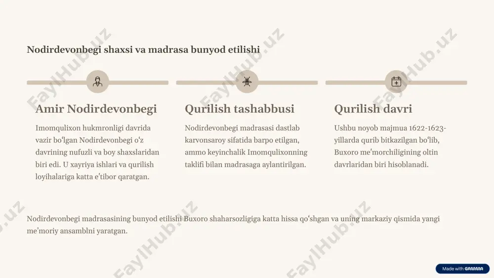 yodgorlikni saqlash bo‘yicha doimiy ishlar. madrasa o'z tarixi davomida bir necha bor ta'mirlangan va tiklangan. bu ishlar uning asl ko‘rinishini saqlab qolish va kelajak avlodlarga yetkazish uchun juda muhimdir. 8 bugungi kundagi ahamiyati: turizm va madaniy meros turistik markaz: nodirdevonbegi madrasasi buxoroning eng mashhur turistik maskanlaridan biri bo‘lib, har yili minglab sayyohlarni o'ziga jalb qiladi. madaniy meros: u o‘zbekistonning boy madaniy merosining ajralmas qismi sifatida yuneskoning butunjahon merosi ro‘yxatiga kiritilgan. san'at va hunarmandchilik: madrasa hududida bugungi kunda ham hunarmandchilik ustaxonalari va do‘konlar faoliyat yuritib, sayyohlarga o‘zbek xalq amaliy san'atini namoyish etadi. madrasa nafaqat tarixiy yodgorlik, balki jonli madaniy markaz hamdir. uning ta'sirchan peshtoqlari va ichki hovlisi tomoshabinlarga sharq me'morchiligining nafisligini his qilish imkonini beradi. 9 xulosa: nodirdevonbegi madrasasi — buyuk tarixning tirik guvohi nodirdevonbegi madrasasi – bu shunchaki me’moriy yodgorlik emas, balki asrlar osha o‘z buyukligini saqlab kelayotgan tirik tarixiy guvohdir. u buxoroning ilm-ma’rifatga bo‘lgan intilishini, hunarmandchilik mahoratini va madaniy …