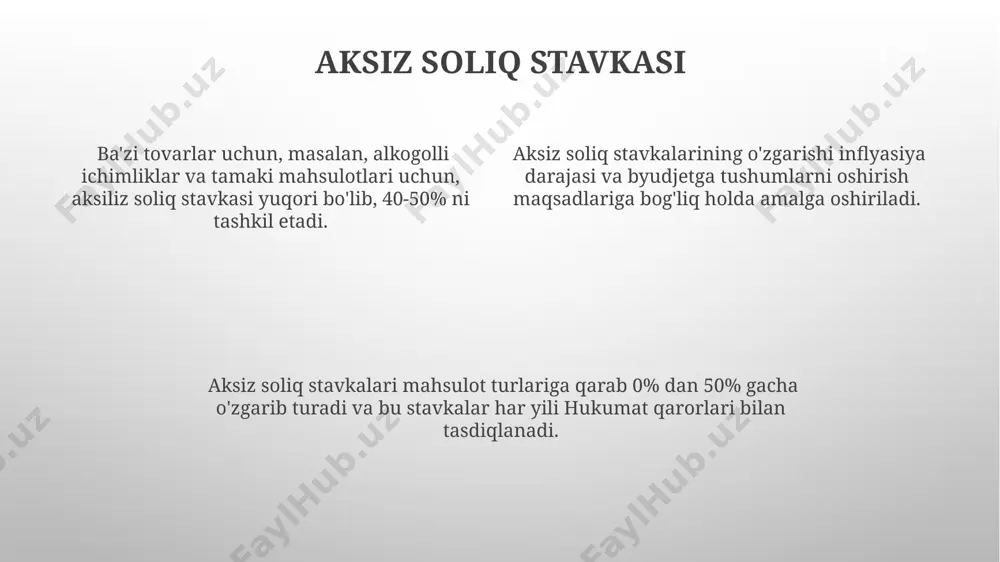 imtiyozlar mavjud, bu esa qonun hujjatlarida aniq belgilangan mezonlarga bog‘liq. aksiz soliqni to'lash tartibi aksiz soliq stavkasi tovarning turi va miqdoriga bog'liq holda 10% dan 50% gacha o'zgarib turadi, aniq stavkasi qonunchilikda belgilanadi. aksiz soliq to'lovlarini kechiktirganlik uchun 0,1% miqdorida jarima hisoblanadi, va 10 kunlik kechikishdan so'ng 1% jarima qo'llaniladi. aksiz soliq to'lovlari deklaratsiyasi har chorakda, ya'ni har 3 oyda, soliq organlariga topshiriladi va to'lovlar keyingi oyning 15-kunigacha amalga oshiriladi. byudjetga o'tkazish usullari aksiz solig'i miqdori hisob-kitob qilingandan so'ng, soliq to'lovchi 601-sonli hisobotni to'ldirib, tegishli bank rekvizitlari orqali byudjetga o'tkazadi, bu jarayon elektron hujjatlar almashinuvi orqali ham amalga oshirilishi mumkin. katta hajmdagi aksiz soliq to'lovlari (masalan, 100 mln. so'mdan ortiq) uchun soliq organlari bilan oldindan kelishilgan maxsus tartiblar qo'llanilishi mumkin, bu esa to'lov muddatlarini va usullarini o'zgartirish imkoniyatini beradi. byudjetga aksiz solig'ini o'tkazishning asosiy usuli – bu soliq to'lovchining soliq organlariga elektron shaklda yoki bank orqali 30 kun ichida to'lovni …