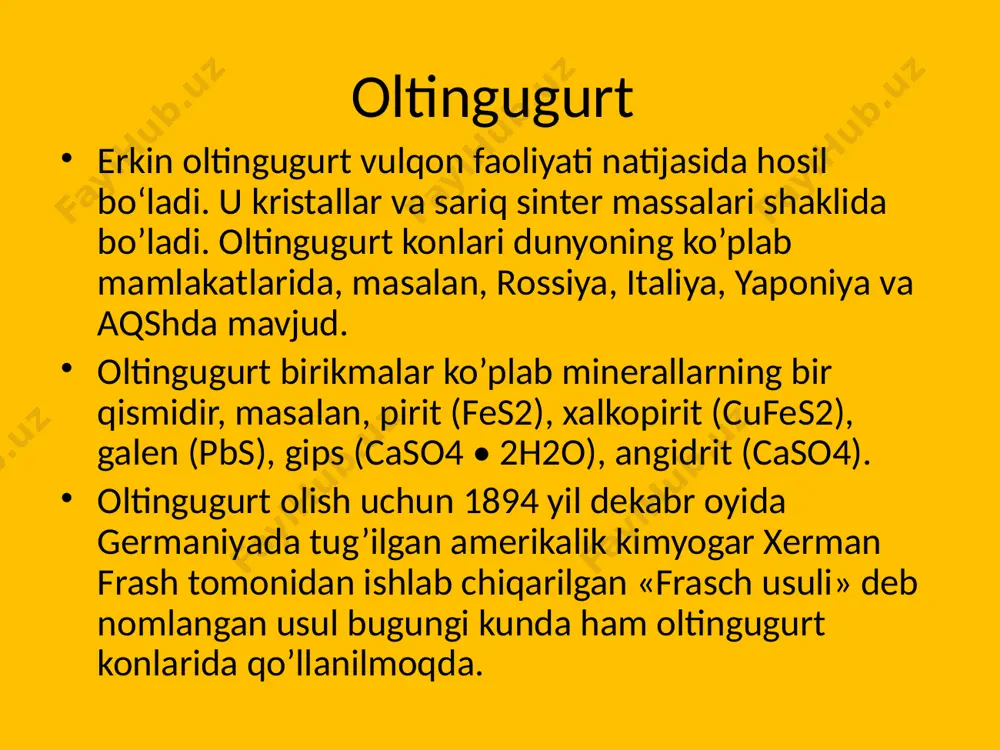 srlarda urushlarda ishlatilgan olov oltingugurt bilan tayyorlangan. farmatsevtika sanoati tarixida oltingugurtni tonik sifatida ishlatish to’g’risidagi yozuvlar mavjud. rimliklar oltingugurtni ba’zi kasalliklarni davolashda va qurol-yarog’da ishlatganlar. yonuvchan tabiati tufayli tarixda turli maqsadlarda ishlatilgan oltingugurt ba’zi tarixiy g’orlarda sariq ranglarda topilgan. ilgari cherkovlarda oltingugurt ham yoqib yuborilgan. oltingugurt bo’yicha ilmiy tadqiqotlar 17-18 asrlarda olib borilgan. oltingugurtning sog’liq uchun foydalari va zarari inson salomatligi uchun muhim element bo’lgan oltingugurtga bo’lgan ehtiyojimiz kuniga 1 grammni tashkil etadi. bu miqdorni biz iste’mol qilayotgan ovqatdan olamiz. qizil va oq go’sht, tuxum, sut, pishloq, piyoz, sarimsoq, ba’zi sabzavotlar, qulupnay, banan, petrushka, marul, kartoshka, anjir va xurmo oltingugurtga boy manbalardir. oltingugurt biriktiruvchi to’qima, teri va tirnoqlarning rivojlanishi, qon shakarini nazorat qilish, organizmdagi toksinlardan tozalash, safro hosil bo’lishi va soch o’sishi uchun zarur bo’lgan moddadir. tanadagi oltingugurt kislorod muvozanatini ta’minlaydi va miya funktsiyalarining sog’lom ishlashiga yordam beradi. shuningdek, u jigarda safro ajralishiga yordam beradi. xulosa oltingugurt tabiat uchun ham, …