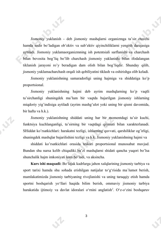 bo‘yicha kasbiy bilimlar, ko‘nikma va malakalar hamda yangi pedagogik texnologiyalardan foydalana olish kabi bilimlar bilan qurollantirishni ko‘zda tutadi. kurs ishi obyekti: ta'lim muassasalarida sport turlari bo`yicha to`garaklar ham faoliyat ko`rsatib, bu to`garaklarga jismoniy tayyorgarlikka ega, shaxsiy qiziqishlari va jismoniy qobiliyatli bo`lgan talabalar jalb etiladi. kurs ishi predmeti: fanning ma’lum sоhasini o`rganish va uni o`zlashtirish ana shu еtakchi tushunchalarning mazmuniga bоg`liq. ularning mazmuni va hajmini aniqlamay turib, jismоniy tarbiya nazariyasi va amaliyotining ko`pdan-ko`p hоdisalari va masalalarini to`g`ri tushunib оlish qiyinlashadi, jismоniy tarbiya nazariyasi fanini muvaffaqiyatli egallab bo`lmaydi. asosiy qism 1. jismoniy tarbiya darslarida pedagogik nazorat yakuniy natija sifatida, jismoniy madaniyatning mashg'ulotlar orqali kirib borishi, bu ta'limning rivojlanishi "jismoniy jihatdan puxta" shaxs bo'lishi mumkin. qabul qilish jarayonida shakllangan sog'lom, mitsne va qotib qolgan tana, kuchli iroda jismoniy madaniyat bu sport, odamlarning intellektual rivojlanishi uchun asosdir. yuqori jismoniy barkamollikka erishish, ba'zi tug'ma va jismoniy kamchiliklarga ega bo'lish faqat jismoniy huquqlarga to'g'ri va tizimli …