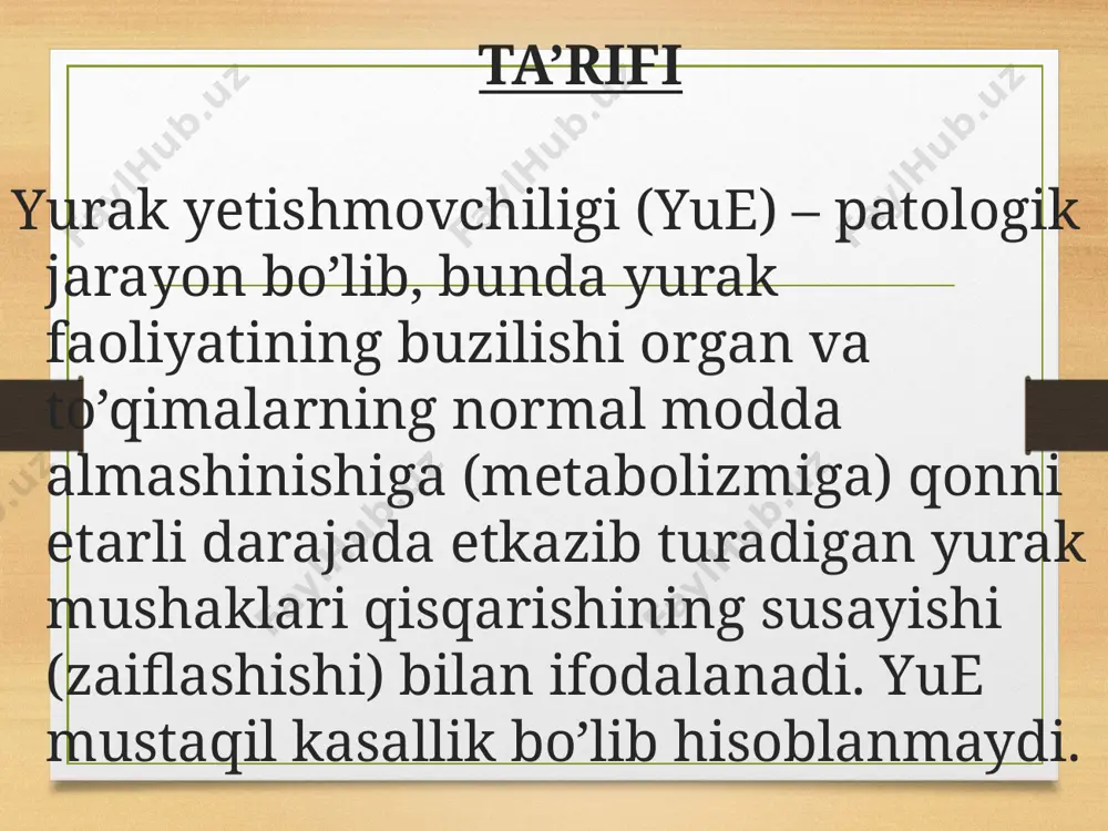 lanishiga qarab farqlanadi. (a) etiologiyasi bo’yicha: (1) kichik va katta qon aylanish doirasida qon bosimining ko’tarilishi: mitral stenoz, aorta stenozi, uch tabaqali qopqoq yetishmovchiligi; (2) yurak bo’lmachalari va qorinchalarida qon hajmining ortishi – yurak nuqsonlarida: mitral qopqoq va yarim oysimon qopqoq yetishmovchiligi; (3) miokardning birlamchi zararlanishi: miokarditlar, kardiomiopatiyalar. klinik kechishi bo’yicha: (1) o’tkir yurak yetishmovchiligi; (2) surunkali yurak yetishmovchiligi; (3) chap qorincha yetishmovchiligi; (4) o’ng qorincha yetishmovchiligi; (5) total etishmovchilik. rivojlanishiga ko’ra: i – boshlang’ich (yashirin) bosqich: faqat jismoniy zo’riqishda namoyon bo’ladi; ii bosqich ikki darajaga bo’linadi: a va b (a) ii a – qon aylanishi buzilishining belgilari osoyishtalikda bilinmaydi. gemodinamika buzilishlari yurakning chap yoki o’ng qorinchalari yetishmovchiligi bilan ifodalanadi; (b) ii b – qon aylanishi buzilishining ko’rsatkichlari ifodalangan, ular kichik va katta qon aylanish doiralarida og’ir kechadi; iii – distrofik bosqich: organ va to’qimalar tuzilishida yaqqol ko’rinadigan, qaytmas distrofik o’zgarishlar vujudga keladi a) chap qorincha dilatatsiyasi natijasida chegara chapga …