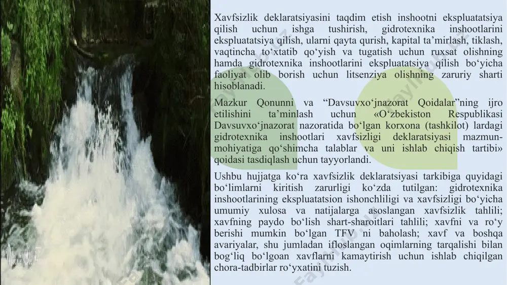 etkaziladigan zararni baholash natijalari mulk egalari yoki ekspluatatsiya qiluvchi tashkilotning moliyaviy ta’minoti miqdorini belgilash uchun davsuvxo‘jnazoratga yuboriladi. deklarant ilova tariqasida o‘zbekiston respublikasi fvm xududiy organlarining ob’ektni tfv larni tarqalishiga yo‘l qo‘ymaslik va uni bartaraf etishga tayyorligi va aholi hamda hududni himoya qilish chora-tadbirlari yetarlicha ekanligi haqidagi xulosasini taqdim etishi zarur. gidrotexnika inshootlari xavfsizligini tahlili quyidagi asosiy bo‘limlardan tashkil topgan: -gidrotexnika inshootlari xavfsizligini belgilovchi omillar, ro‘y berishi mumkin bo‘lgan avariyalar ssenariylari, avariya oqibatlarini tahlili; -tfv vujudga kelish shart-sharoitlari tahlili, ya’ni ob’ektda avariyalar sodir bo‘lishiga bog‘liq sabablarning tahlili va avariyalar sodir bo‘lishi ssenariysini tuzish; -o‘xshash ob’ektlarda ro‘y bergan avariyalar to‘g‘risidagi ma’lumotlarning tahlili; -avariyalar sodir bo‘lishining turli ssenariylari xavf-xatarini baholash va ekspert yoki ehtimollik usullari bilan gidrotexnika inshootlari xavfsizligini umumiy baholash. gidrotexnika inshootlari xavfsizligini nazorat qilish bo‘yicha xuddi shu kabi ishlar o‘zbekiston respublikasi tabiiy resurslari vazirligi (trv)da ham amalga oshiriladi. trv nazoratida bo‘lgan ob’ektlarning o‘ziga xos xususityalarini inobatga olgan holda “o‘zbekiston respublikasi trv …