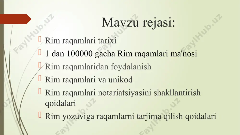da. ushbu diapazon kichik (kichik) va katta harflarni (1 (ⅰ yoki i) dan 12 gacha (ⅻ yoki xii), shu jumladan 8 (ⅷ yoki viii) kabi aralash raqamlar uchun birlashtirilgan gliflarni o'z ichiga oladi.bunga qo'shimcha ravishda, gliflar notaning arxaik shakllari uchun mavjud 1000, 5000, 10 000, katta teskari c (ɔ), kech notation 6 (ↅ, yunoncha stigma o'xshash: ϛ), 50 raqami uchun erta belgi (ↆ, o'xshash) pastga strelka ↓ ⫝⊥), 50,000 va 100,000. kod 0 1 2 3 4 5 6 7 8 9 a b c d e f qiymati 1 2 3 4 5 6 7 8 9 10 11 12 50 100 500 1 000 u + 2160 ⅰ 2160 ⅱ 2161 ⅲ 2162 ⅳ 2163 ⅴ 2164 ⅵ 2165 ⅶ 2166 ⅷ 2167 ⅸ 2168 ⅹ 2169 ⅺ 216a ⅻ 216b ⅼ 216c ⅽ 216d ⅾ 216e ⅿ 216f u + 2170 ⅰ 2170 ⅱ 2171 ⅲ 2172 …