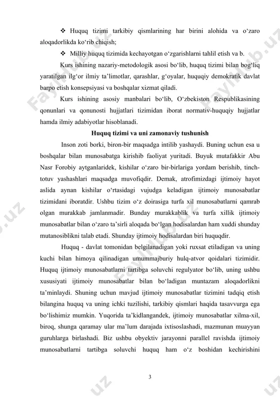 imoiy munosabatlar tizimini tadqiq etish bilangina huquq va uning ichki tuzilishi, tarkibiy qismlari haqida tasavvurga ega bo‘lishimiz mumkin. yuqorida ta’kidlangandek, ijtimoiy munosabatlar xilma-xil, biroq, shunga qaramay ular ma’lum darajada ixtisoslashadi, mazmunan muayyan guruhlarga birlashadi. biz ushbu obyektiv jarayonni parallel ravishda ijtimoiy munosabatlarni tartibga soluvchi huquq ham o‘z boshidan kechirishini kuzatishimiz mumkin. ya’ni umummajburiy xulq-atvor, yurish-turish qoidalari ham tegishincha guruhlanadi, tizimlanadi va yaxlit huquqni tashkil etadi. yuridik adabiyotlarda huquq tomonidan bosib o‘tiladigan bunday jarayon huquq tizimi mavzusida tahlil etilib, atroflicha yoritiladi. tizim so‘zi yunoncha «systeme» terminidan olingan bo‘lib, o‘zbek tilida «yaxlit», «qismlardan iborat» degan ma’nolarni anglatadi. tizim asli falsafiy tushuncha bo‘lib, olimlar asosan uning 3 ko‘rinishini ta’kidlab o‘tadilar: 1) organik; 2) noorganik; 3) nojips yig‘indilar. e’tiborimiz markazida bo‘lgan huquq deb atalmish hodisa organik tizimlar tipiga mansubdir. shu boisdan ham organik tizimlarga xos bo‘lgan olimlar tomonidan tavsiflangan ayrim jihatlarni sanab o‘tish maqsadga muvofiq bo‘ladi. ular quyidagilardir: · tizim ichida nafaqat tuzilmaviy, balki …