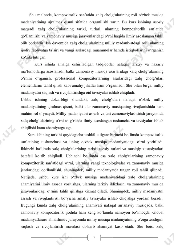 tarixiy ildizlarini va zamonaviy musiqa jarayonlaridagi o‘rnini tahlil qilishga xizmat qiladi. shuningdek, milliy madaniyatni asrash va rivojlantirish bo‘yicha amaliy tavsiyalar ishlab chiqishga yordam beradi.. bugungi kunda xalq cholg‘ularining ahamiyati nafaqat an’anaviy musiqada, balki zamonaviy kompozitorlik ijodida ham keng ko‘lamda namoyon bo‘lmoqda. global madaniyatlararo almashinuv jarayonida milliy musiqa madaniyatining o‘ziga xosligini saqlash va rivojlantirish masalasi dolzarb ahamiyat kasb etadi. shu bois, xalq cholg‘ularining zamonaviy musiqada tutgan o‘rni va kompozitorlarning ijodida ularning integratsiyasi milliy madaniyatning yangi avlodga yetkazilishida muhim rol o‘ynaydi. shu nuqtai nazardan, ushbu kurs ishida xalq cholg‘ularining tarixi, turlari hamda kompozitorlik san’atida qo‘llanilish usullari va zamonaviy musiqa jarayonlaridagi o‘rni chuqur tahlil qilinadi. ish davomida xalq cholg‘ularining professional musiqada qanday yangicha yondashuvlar bilan uyg‘unlashishi va milliy musiqa madaniyatining saqlanishiga ta’siri o‘rganiladi. bundan tashqari, kurs ishida xalq cholg‘ularining zamonaviy musiqa asarlaridagi qo‘llanilishi misollar orqali ko‘rsatilib, ularning milliy musiqiy identitetni saqlashdagi o‘rni aniqlandi. tadqiqot natijalari milliy musiqa madaniyatini rivojlantirishga, xalq cholg‘ularining ijodiy foydalanilishini …