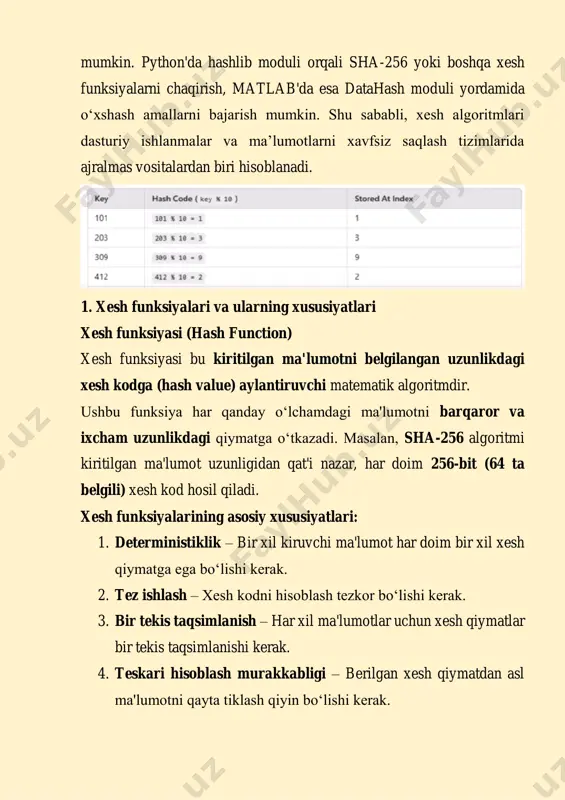 esh jadval (hash table) xesh jadval – bu kalit-qiymat (key-value) juftlari asosida ma’lumotlarni saqlash va tezkor izlash imkonini beruvchi ma’lumotlar tuzilmasi. xesh jadvallar odatda ma'lumotlar bazalari, indekslash tizimlari, kesh va lug‘atlar (dictionary) kabi sohalarda ishlatiladi. xesh jadval qanday ishlaydi? 1. kalit (key) xesh funksiyaga beriladi. 2. natijada hosil bo‘lgan indeks xesh jadvaldagi joylashuvni belgilaydi. 3. qidiruv jarayoni ham shu algoritm bo‘yicha tezkor amalga oshadi. xesh jadvallarning katta afzalligi shundaki, ma'lumotlarni o(1) murakkablikda topish imkonini beradi, ya’ni ma’lumot qanchalik katta bo‘lmasin, qidirish juda tez amalga oshiriladi. 4. xesh to‘qnashuvi (collision) va uni hal qilish usullari ba’zan har xil kalitlar bir xil xesh qiymatga ega bo‘lib qolishi mumkin. bu holat xesh to‘qnashuvi (collision) deb ataladi. to‘qnashuvni hal qilish usullari: 1. zanjir usuli (chaining) – xuddi bir xil indeksga tushgan elementlar bog‘langan ro‘yxat shaklida saqlanadi. 2. ochik adresatsiya (open addressing) – to‘qnashuv sodir bo‘lsa, bo‘sh joy qidiriladi. o linear probing – keyingi indeks …