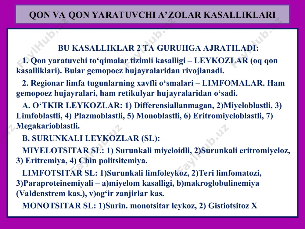 ati kuchayadi, odatda ishlamay turgan naysimon suyaklar epifizining ko‘migi xam ishga tushadi, sarik ko‘mik kizil ko‘mikka aylanadi, eritropoezda miyeloid xujayralar ko‘payadi. oqibati: gipovolemiya, postgemorratik shok, gemodilyutsiya boshlanadi 2-3kundan sung eritrotsitlar soni keskin kamayadi. surunkali postgemorragik anemiya sababi: 1. me’da surunkali yarasi 2. gemofiliya 3. bachadondan disgormonal qon ketish 4. ichakning gemorroidal venalaridan qon ketishi mexanizmi: gemodilyutsiya boshlanadi, gipovolemiya kuzatiladi, temir asta sekinlik bilan yukotiladi. oqibati: yurak miokardi ilvillab yumshab qoladi, jigar och sarg‘ish tusga kirib, talok kichrayadi. anemiya utkir postgemorragik anemiya makro: teri va barcha ichki organlar oqaradi. barcha suyaklarda sariq ilik qizil ilikka aylanadi. mikro: suyaklar iligida eritropoez va miyelopoezning yosh xujayralari giperplaziyalanadi. jigar, talok, limfa tuguni, buyrak shillik pardalarida ekstramedulyar qon yaratish o‘choqlari paydo bo‘ladi. rasm g‘oz jigari surunkali postgemorragik anemiya makro: naysimon suyaklar sariq iligi qizil ilikka aylanadi. jigar-»goz jigari», yurak-»yulbarssimon» seroz va shillik pardalarda qon quyilishlari. mikro: naysimon suyaklar iligida eritrovoez yosh xujayralari giperplaziyasi. ichki organlarda …