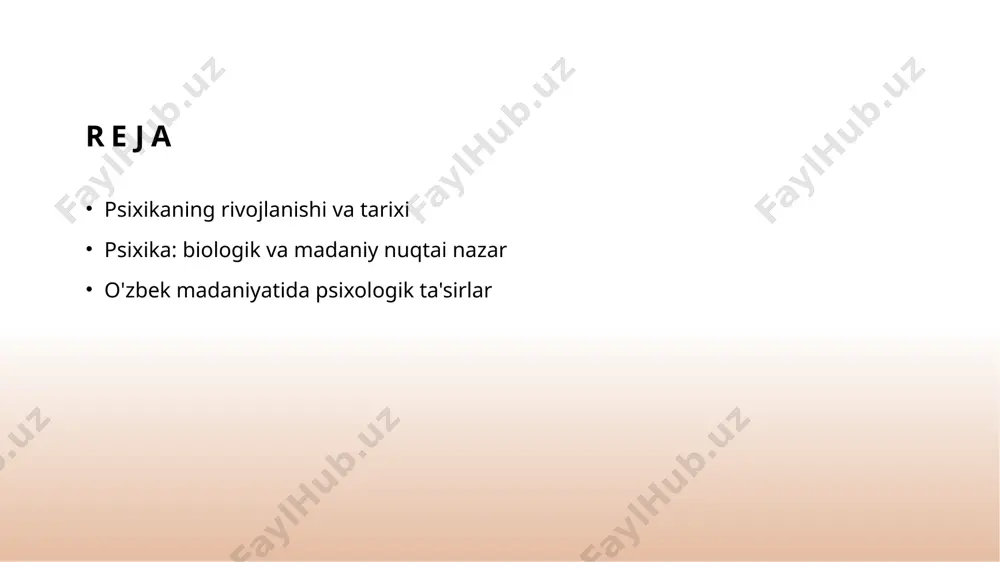 milliy identitet o'zbek milliy identiteti va madaniy meros, insonlarning o'zligini anglashiga yordam beradi, bu esa psixologik rivojlanish uchun muhimdir, o'z-o'zini anglashni oshiradi. psixikaning biologik asoslari: rivojlanish jarayoni va ta'sirlari. 1 psixikaning biologiyasi - psixika biologik asoslar bilan bog'liq bo'lib, miyaning tuzilishi va funksiyalari psixologik jarayonlarni shakllantiradi, inson xulq-atvorini belgilaydi. 2 genetika va psixika - genetik omillar psixikaning rivojlanishida muhim rol o'ynaydi. oilaviy tarix va irsiyat psixologik xususiyatlar va qobiliyatlarni ta'sir ko'rsatadi. 3 miyaning rivojlanishi - miyaning rivojlanishi tug'ilgandan boshlab davom etadi. u bolaning o'sishi bilan bog'liq psixologik va kognitiv funktsiyalarni shakllantiradi. 4 ta'sir etuvchi omillar - tashqi muhit, ijtimoiy interaktsiyalar va madaniy ta'sirlar psixikaning biologik asoslariga qo'shimcha ravishda rivojlanish jarayonini belgilaydi. madaniy kontekstda psixika: an'analar va zamonaviylik. 1 madaniyat va psixika madaniyat psixikaning rivojlanishida muhim ahamiyatga ega. u an'analar, qadriyatlar va ijtimoiy munosabatlar orqali shaxsning psixologik holatiga ta'sir qiladi. 2 an'analar ta'siri o'zbek xalqining an'analari, masalan, mehmondo'stlik va oila qadri, …