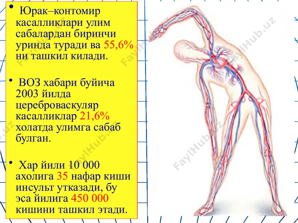 ўрта стеноз (30-50%); - кучли стеноз (50-69%); - критик стеноз (70-99%); - окклюзия (100%). nascet и ecst таснифи, (1991 йил) атеросклеротик пилакча хосил бўлиш боскичлари: артерия деворида липидларни йигилиши пилакчани ичига кон куйилиши ўзгармаган артерияни кўриниши микроэмболия 1 2 3 аорта равоги брахиоцефал томирларнинг зараланиши 50% холларда белгисиз кечади. касалликни асимптом кечишида беморлар деярли шикоятлар килмайди, инструментал текширувда бца шикастланиши аникланади транзитор ишемик атакада кузатилади: бош огриши, бош айланиши кўл ва юзниниг айрим жойларида сезгини бузилиши белгилари, афазия. харакат вазифасининг бузилиши (хар хил даражали моно-гемипарез, моно-гемиплегия). кўришни бузилиши (амавроз фугас - кўз олдида пардани хосил бўлиши, хар хил фотопсия, бир ёки иккала кўзнинг куриш хусусиятини вактинчалик йўколиши). бу белгилар бир неча минутдан 24 соатгача кузатилиши мумкин. дисциркулятор энцефалопатия бош огриши (кўпрок жарохат сохасида). холсизлик ишчанлик хусусиятни ва хотирани пасайиши интеллектни пасайиши, профессионал кобилиятларни йукотиш ишемик инсультда кузатиладиган белгилар: харакатлантирувчи вазифаларни бузилиши (геми- ва монопарезлар, паралич, мотор афазии). тананинг ярмидан тактил …