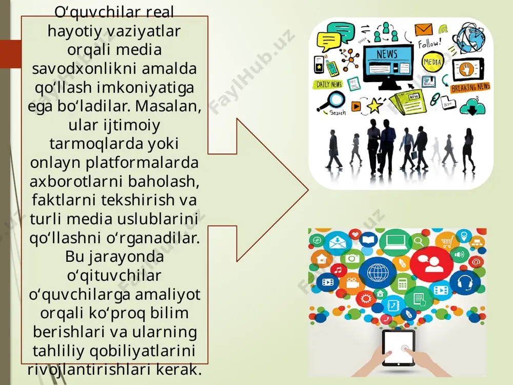 ash zarur. media savodxonlikni tarqatishda ta'lim muassasalarining roli juda katta. o'quvchilar va talabalar uchun media savodxonlik bo'yicha maxsus kurslar tashkil etish, ularning axborotni qabul qilish va tahlil qilish ko'nikmalarini rivojlantirishga yordam beradi. bu jarayonda o'qituvchilar, murabbiylar va ta'lim mutaxassislari muhim ahamiyatga ega, chunki ular o'quvchilarga zaruriy bilimlarni berish va amaliyot orqali qo'llash imkoniyatini yaratishlari kerak. ta'lim jarayonida interaktiv usullar va real hayotiy misollarni kiritish, o'quvchilarning qiziqishini oshiradi va media savodxonlikni o'rganishni yanada samarali qiladi. jamiyatda media savodxonlikni oshirish uchun ommaviy axborot vositalari va ijtimoiy tarmoqlarni ham faol ishlatish zarur. ommaviy axborot vositalari, jumladan, televideniye, radio va internet saytlarida media savodxonlik bo'yicha dasturlar va kampaniyalar tashkil etish, keng jamoatchilikka ta'sir ko'rsatishi mumkin. ijtimoiy tarmoqlarda axborotning tarqalishi tezligi va kengligi inobatga olinsa, media savodxonlikni oshirishga qaratilgan postlar, maqolalar va videolar yaratish, odamlarni axborotning sifatini baholashga rag'batlantiradi. media savodxonlikni rivojlantirishda texnologik vositalardan foydalanish bugungi kunda juda muhim ahamiyatga ega. axborot texnologiyalarining tezkor rivojlanishi …