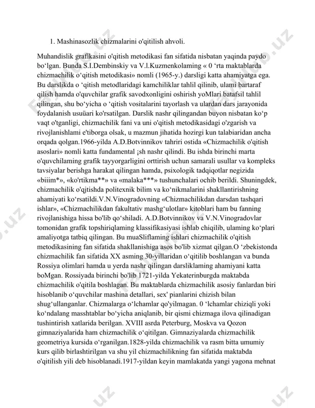 n sifatida shakllanishiga asos bo'lib xizmat qilgan.o ‘zbekistonda chizmachilik fan sifatida xx asming 30-yillaridan o‘qitilib boshlangan va bunda rossiya olimlari hamda u yerda nashr qilingan darsliklaming ahamiyani katta bomgan. rossiyada birinchi bo'lib 1721-yilda yekaterinburgda maktabda chizmachilik o'qitila boshlagan. bu maktablarda chizmachilik asosiy fanlardan biri hisoblanib o‘quvchilar mashina detallari, sex' pianlarini chizish bilan shug‘ullanganlar. chizmalarga o‘lchamlar qo'yilmagan. 0 ‘lchamlar chiziqli yoki ko‘ndalang masshtablar bo‘yicha aniqlanib, bir qismi chizmaga ilova qilinadigan tushintirish xatlarida berilgan. xviii asrda peterburg, moskva va qozon gimnaziyalarida ham chizmachilik o‘qitilgan. gimnaziyalarda chizmachilik geometriya kursida o‘rganilgan.1828-yilda chizmachilik va rasm bitta umumiy kurs qilib birlashtirilgan va shu yil chizmachilikning fan sifatida maktabda o'qitilish yili deb hisoblanadi.1917-yildan keyin mamlakatda yangi yagona mehnat maktablari tuzila boshlandi. chizmachilikning barcha asosiy bomimlari maktab dasturiga kiritildi. lekin dastlabki yillarda chizmachilik mustaqil fan sifatida o'qitilmagan. masalan, geometrik yasashlar va orlogonal proyeksiyalar matematikada, texnik chizmachilik mehnat va fizikada, yaqqol tasvirlar tasviriy san’at (rasm) darslarida o'rganilgan.1932-yildan boshlab chizmachilik …
