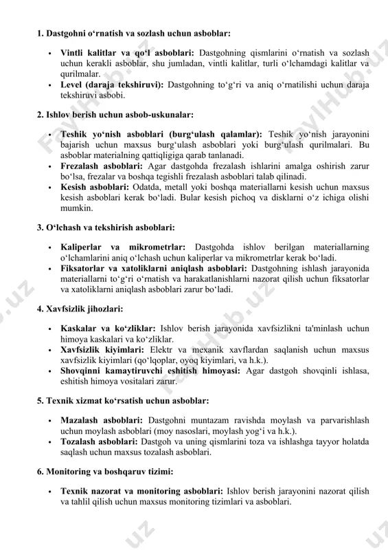 ma'lumotlar operatorlarga va texnik mutaxassislarga maxsus ko‘rsatmalar beradi. 2p135f2 rusumli vertical parmalash dastgohida ishlov berish uchun kerakli jihozlar va asbob-uskunalar quyidagicha bo‘lishi mumkin: 1. dastgohni o‘rnatish va sozlash uchun asboblar: · vintli kalitlar va qo‘l asboblari: dastgohning qismlarini o‘rnatish va sozlash uchun kerakli asboblar, shu jumladan, vintli kalitlar, turli o‘lchamdagi kalitlar va qurilmalar. · level (daraja tekshiruvi): dastgohning to‘g‘ri va aniq o‘rnatilishi uchun daraja tekshiruvi asbobi. 2. ishlov berish uchun asbob-uskunalar: · teshik yo‘nish asboblari (burg‘ulash qalamlar): teshik yo‘nish jarayonini bajarish uchun maxsus burg‘ulash asboblari yoki burg‘ulash qurilmalari. bu asboblar materialning qattiqligiga qarab tanlanadi. · frezalash asboblari: agar dastgohda frezalash ishlarini amalga oshirish zarur bo‘lsa, frezalar va boshqa tegishli frezalash asboblari talab qilinadi. · kesish asboblari: odatda, metall yoki boshqa materiallarni kesish uchun maxsus kesish asboblari kerak bo‘ladi. bular kesish pichoq va disklarni o‘z ichiga olishi mumkin. 3. o‘lchash va tekshirish asboblari: · kaliperlar va mikrometrlar: dastgohda ishlov berilgan materiallarning …