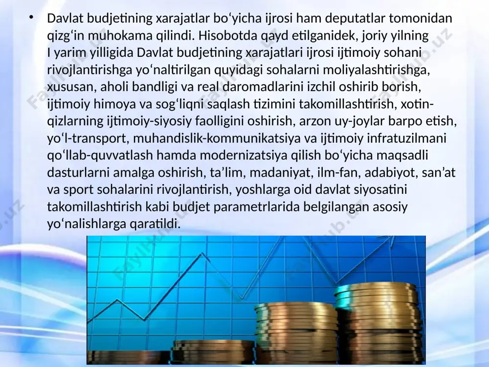 inlandi. “sog`lom ona va bola yili” davlat dasturi doirasida ona va bolaning salomatligini muhofaza qilishni kuchaytirish, sog`lom va har tomonlama rivojlangan avlodni shakllantirish bo`yicha keng chora-tadbirlar kompleksi amalga oshirilib, ularni moliyalashtirishga barcha manbalar hisobidan 8 trillion so`m va 212 million dollar mablag` yo`naltirildi. mamlakat prezidenti o`z ma`ruzasida mavjud hal bo`lmagan muammolar va to`liq ishlatilmagan zaxiralarni batafsil va har tomonlama muhokama qilgan holda 2017 yildagi respublikaning iqtisodiy va ijtimoiy dasturi eng muhim strategik vazifalari va ustuvor yo`nalishlari bo`yicha taklif kiritdi. ustuvor vazifalar qatorida “xalq bilan muloqot va inson manfaatlari yili” davlat dasturini amalga oshirish doirasida aholi bilan doimiy va ochiq muloqotni rivojlantirishga, aholi turmush darajasi va sifatini, uning moddiy farovonligini oshirishga qaratilgan ijtimoiy siyosatni faol davom ettirish masalalari markaziy o`rinni egalladi. hukumat, vazirliklar, idoralar, xo`jalik birlashmalari va mahalliy ijro etuvchi hokimiyat organlari rahbarlari oldiga tarmoqlar va hududlarni rivojlantirishdagi kamchiliklarni bartaraf etish hamda iqtisodiyotning yuqori o`sish sur`atlarini saqlab qolish, faol investisiya siyosatini …