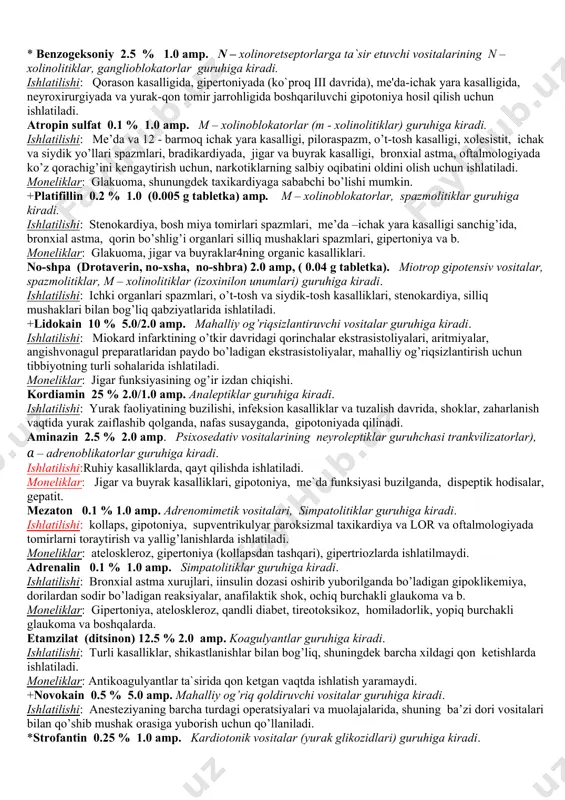 diya, ichki organlari silliq muskullarining spazm kasalliklari, poilomielitniung qoldiq a`soratlari vab. magniy sulfat 25 % 10.0/5.0 amp. gipotensiv vositalar,xolеrokinеtik, surgi dorilar guruhiga kiradi. ishlatilishi: tinchlantiruvchi, gipertoniyaniyaning barcha turlarida, talvasalarda, surgi vositasi sifatida, zaharlanishlarda (me`dani yuvish uchun) *eufillin 2.4 % 10.0/5.0 amp. psixostimulyatorlar, miotrop spazmolitik, antianginal vositalar guruhiga kiradi. ishlatilishi: ko`proq bronxial astma, stеnokardiya, yurak faoliyatining susayishi sababli paydo bo`lgan shishlar, gipеrtoniya, miokard infarkti paytida tavsiya etiladi. moneliklar: miokard infarkti, paroksizmal taxikardiya, sezilarli koronorspazm. *kalsiy xlorid 10 % 10./5.0 amp. koagulyant guruhiga kiradi. ishlatilishi: allergiyalarda, paratireoid bezlar funksiyasining yetishmasligi, organizmda ortiqcha kalsiy chiqib turishi, tomirlar o’tkazuvchanligini kamaytirish zarurligi, parenximatoz, gepatit, zharlanishga aloqador jigar kasalligi, nefrit, eklampsiya, qon to’xtatish uchun, ziddi zahar tariqasida (magniy tuzlari, oksalat kislota va boshqa dorilar bilan zaharlanishlarda) ishlatiladi. moneliklar: trombozlarga moyillik, ateloskleroz, qonda kalsiy ko;payib ketganda. *natriy tiosulfat 30 % 10.0 amp. yallig’lanish va zaharlanishlarga qarshi vositalar guruhiga kiradi. ishlatilishi: allergik kasalliklarda, artritlarda, nevralgiyalarda, margumush, simob, qo’rg’oshin …