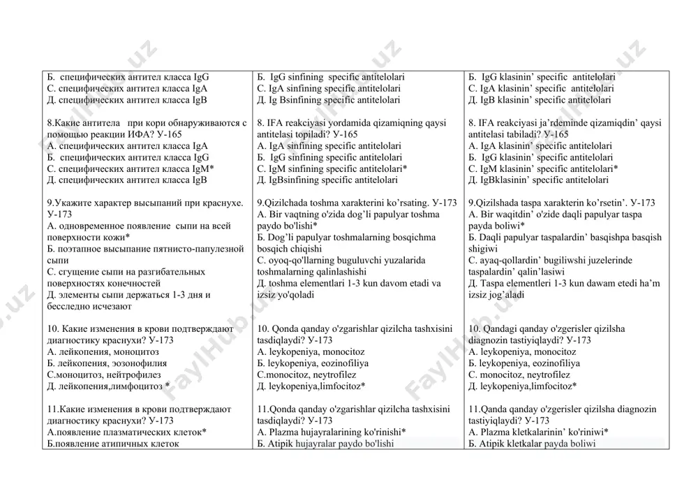 далин, язычка 3-петехиальная сыпь сыпь на гиперемированном фоне кожи 4-розовая мелкоточечная сыпь на гиперемированном фоне кожи 5-бледный носогубный треугольник 6-энантема на слизистой оболочке рта а.1,3,4,6 б.1,2,4,5* с.2,4,5,6 д.1,4,5,6 19.какие клинические признаки дают основание что у пациента скарлатина? у-525 1-ограниченная гиперемия дужек, миндалин, язычка 2-петехиальная сыпь на гиперемированном фоне кожи 3-розовая мелкоточечная сыпь на гиперемированном фоне кожи 4-увеличение регионарных лимфатических узлов шеи 5- увеличение периферических лимфатических узлов а. 1,2,3 б. 1,3,4* с. 1,3,5 д. 1,4,5 20.какие изменения наблюдаются в картине периферической крови больного скарлатиной? у-525 а. нейтрофильныйлейкоцитоз с небольшим сдвигом влево* б. появление плазматических клеток с.моноцитоз со сдвигом вправо д. лейкопения,лимфоцитоз 21. какие диагностические признаки отмечаются в картине периферической крови больного скарлатиной? у-525 а. лимфоцитоз б. лейкопения с. повышение соэ* д. понижение соэ 22.в каких случаях возникают затруднения в диагностике скарлатины? у-525 а. при раннем выявлении больного на дому б. при позднем поступлении больного в стационар* с. при обращении пациента в …
