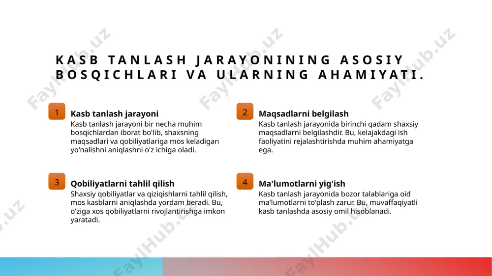 imkoniyatlar va kelajakdagi kasb yo'nalishlarini aniqlashda yordam beradi. kasb tanlashda qonuniy talablar va ularning ahamiyati. 1 qonuniy talablar kasb tanlashda qonuniy talablar, masalan, malaka sertifikatlari va litsenziyalar, mutaxassislikning tasdiqlanishi uchun zarurdir. 2 ishga joylashish qonuniy talablar, ish beruvchilar uchun malakali xodimlarni tanlashda muhim ahamiyatga ega, bu esa kasb tanlash jarayonini osonlashtiradi. 3 muvaffaqiyat omillari qonuniy talablarga rioya qilish, kasb yo'nalishida muvaffaqiyatga erishish uchun zarur, chunki bu shaxsning professional oldinga siljishiga yordam beradi. madaniyat va an’analar: kasb tanlash jarayonidagi rol. 01 madaniyat va kasb madaniyat shaxsiy kasb tanlash jarayonida muhim ahamiyatga ega. u shaxsning qiziqishlari va qiymatlari bilan bog'liqdir. 02 an'analar va tanlov an'analar kasb tanlovida yo'nalishlar va imkoniyatlar haqida qaror qabul qilishda yo'l ko'rsatadi. ular ko'pincha oilaviy va ijtimoiy ta'sirlar bilan bog'liq. 03 madaniy moslashuv kasb tanlashda madaniyatga moslashish, mahalliy ish bozori talablariga javob berish va muvaffaqiyatli kariyerani ta'minlash uchun muhimdir. qonuniy va madaniy jihatlarni hisobga olish: muvaffaqiyatli kasb yo'nalishlari. …