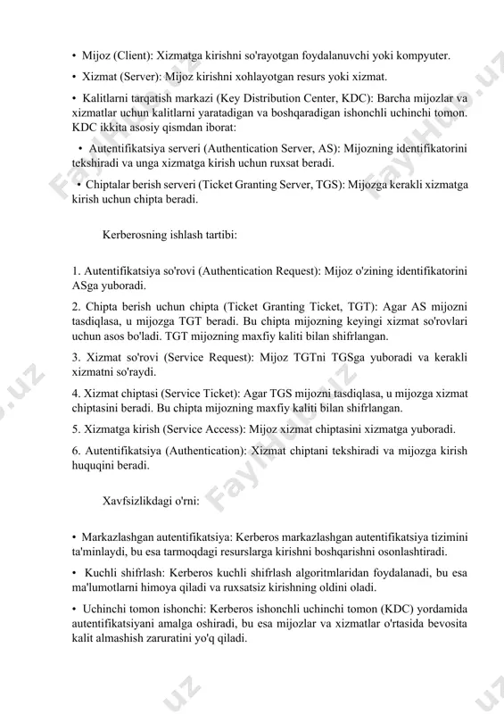 va mijozga kirish huquqini beradi. xavfsizlikdagi o'rni: • markazlashgan autentifikatsiya: kerberos markazlashgan autentifikatsiya tizimini ta'minlaydi, bu esa tarmoqdagi resurslarga kirishni boshqarishni osonlashtiradi. • kuchli shifrlash: kerberos kuchli shifrlash algoritmlaridan foydalanadi, bu esa ma'lumotlarni himoya qiladi va ruxsatsiz kirishning oldini oladi. • uchinchi tomon ishonchi: kerberos ishonchli uchinchi tomon (kdc) yordamida autentifikatsiyani amalga oshiradi, bu esa mijozlar va xizmatlar o'rtasida bevosita kalit almashish zaruratini yo'q qiladi. • takroriy hujumlarga qarshi himoya: kerberos chiptalarning amal qilish muddatini cheklash orqali takroriy hujumlarga qarshi himoya qiladi. 2. kompyuter tarmoqlarida ma’lumotlarni shifrlashda foydalaniladigan protokollarni sanab bering. kompyuter tarmoqlarida ma'lumotlarni shifrlashda turli protokollar qo'llaniladi, ulardan eng mashhurlari: • tls/ssl (transport layer security/secure sockets layer): veb-brauzerlar va veb-serverlar o'rtasidagi xavfsiz aloqani ta'minlash uchun ishlatiladi. https (hypertext transfer protocol secure) tls/ssl orqali amalga oshiriladi. • ipsec (internet protocol security): ip darajasida xavfsizlikni ta'minlaydi va vpn (virtual private network) kabi xavfsiz tarmoq aloqalarini yaratish uchun ishlatiladi. • ssh (secure …