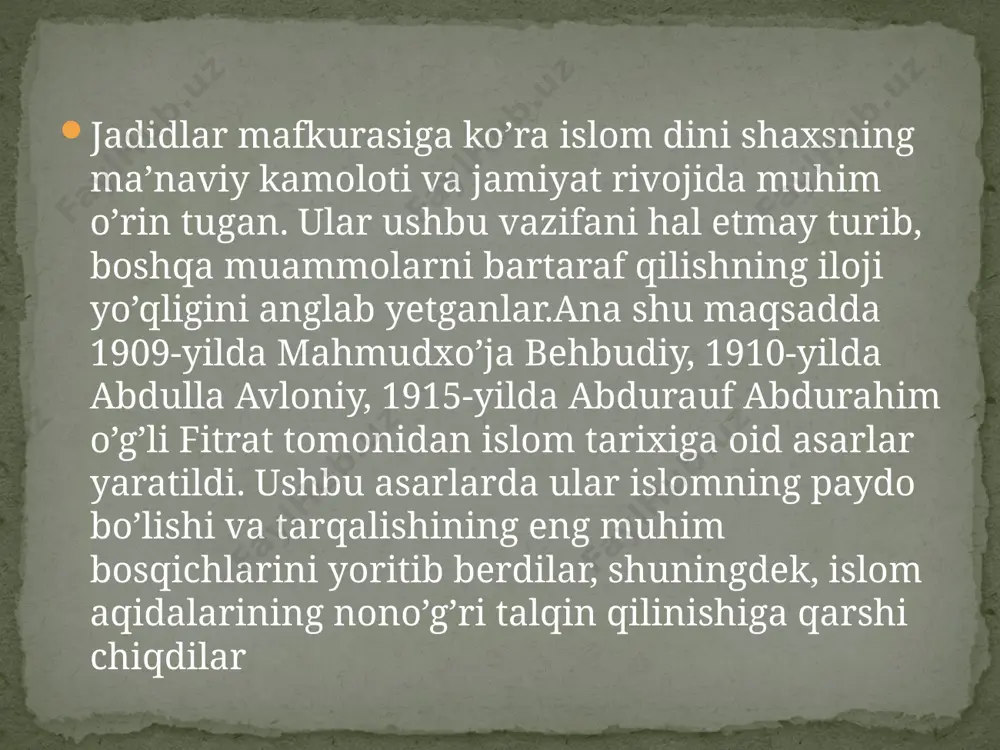 li o’zbek advokati bo’ldi.u buyuk rus yozuvchisi lev tolstoy bilan yozishmalar olib brogan. turkiston tarqqiyparvarlari xxasrning boshlaridagi dunyoda ro’y bergan siyosiy jarayonlarni diqqat bilan kuzatib bordilar.bu davrda xorijdagi siyosiy partiyalarning dasturlarini tahlil qildilar. shu vaziyatda taraqqiyparvarlar o’zbek xalqining tinchliksevarligi, bosiqligidan kelib chiqib, barcha muammolarni tinch yo’l bilan hal etishga intildilar., chunki ular qonli to’qnashuv va urushlarga qarshi edilar. 1917-yildagi rossiya fevral voqealari arafasida turkiston jadidchiligi kuchli siyosiy harakatga aylandi.birinchi jahon urushidan keyin jadidlar parlamentar monarxiya uchun kurashgan bo’lsalar, fevral voqealaridan keyin ancha keng qamrovli, bir qator siyosiy talablarni ilgari surdilar.jumladan, mahalliy aholi huquqlarini kengaytirish, o’lkani boshqarish yuzasidan islohotlar o’tkazish, davlat dumasidan o’lka aholisi sonidan kelib chiqib o’rin ajratish, milliy matbuot erkinligini ta’minlash kabilar. ayni vaqtda, milliy-siyosiy partiyalar va tashkilotlar, masalan, “sho’roi islomiya” , “ittifoq” kabi bir qator tashkilotlar tuzildi. bu paytda jadidlar tub yerli aholi ijtimoiy tarkibining barcha qatlam vakillarini o’z ortidan ergashtira oldilar. turkistonda jadidlar faoliyati mahalliy aholini ma’rifatli …