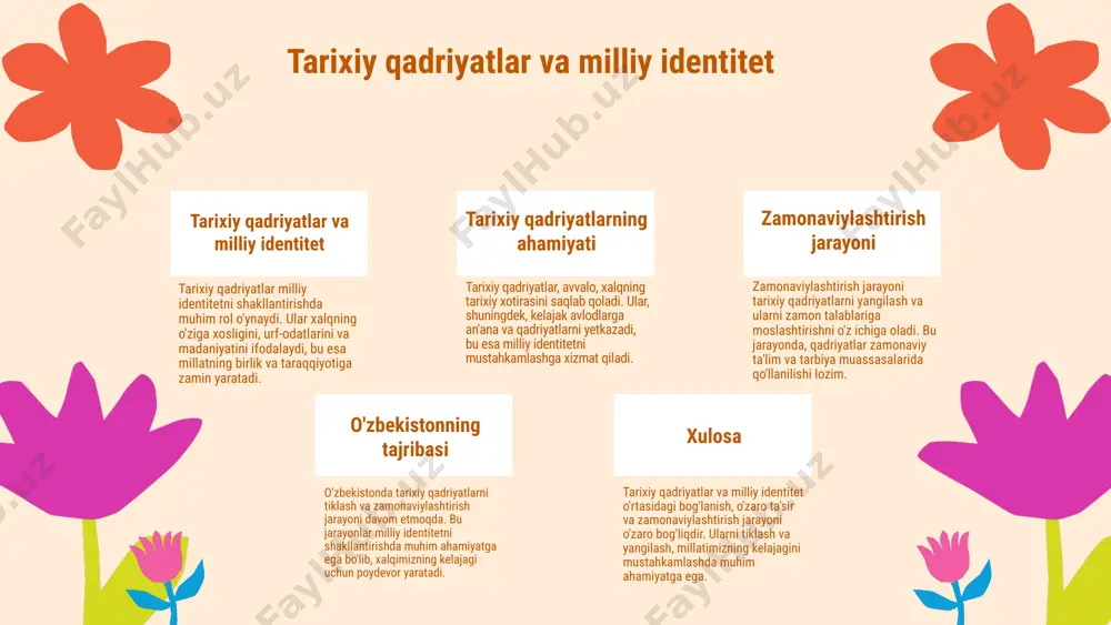 yn ta'lim tizimlari, o'quvchilarga vaqt va joydan qat'iy nazar ta'lim olish imkoniyatini berishi bilan mashhur. ularning samaradorligi ta'lim sifatini oshirishda muhim rol o'ynaydi. o'zbek ta'limidagi amaliyot o'zbekistonda zamonaviy texnologiyalarni qo'llash amaliyoti tobora kengayib bormoqda. yangi metodologiyalar va resurslar o'qituvchilarga va o'quvchilarga yangi imkoniyatlar yaratadi. texnologiyalarning ijobiy ta'siri zamonaviy texnologiyalar o'quv jarayoniga ijobiy ta'sir ko'rsatadi, o'quvchilarning motivatsiyasini oshiradi va o'rganishni qiziqarli qiladi. bu, o'z navbatida, milliy tarbiyaviy qadriyatlarni tiklashga yordam beradi. kelajakdagi istiqbollar zamonaviy pedagogik texnologiyalarni yanada rivojlantirish va ularni milliy qadriyatlar bilan uyg'unlashtirish, ta'lim sifatini oshirish va o'quvchilarning madaniy merosini saqlashda muhim ahamiyatga ega. ta'limda innovatsiyalar innovatsion yondashuvlar, jumladan loyiha asosida ta'lim, milliy qadriyatlarimizni tiklash va zamonaviylashtirishda muhim rol o'ynaydi. ushbu metodlar orqali o'quvchilarimiz milliy an'analarga asoslangan loyihalar yaratish va ularga faol ishtirok etish orqali o'z kelajagini shakllantirishadi. tadqiqotlar shuni ko'rsatadiki, innovatsion metodlar o'qitishda samaradorlikni oshiradi va o'quvchilarda milliy madaniyatga bo'lgan qiziqishni kuchaytiradi. bu yondashuvlar orqali o'quvchilarimiz milliy qadriyatlarimizni o'rganish …