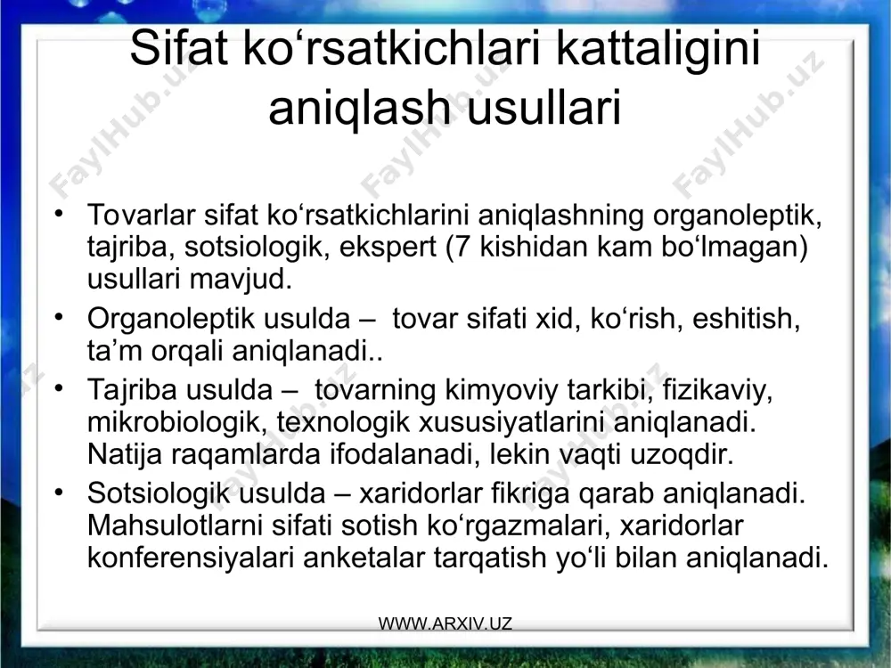 ababli standartlarini “qabul qilish qoidalari“ bo‘limida tekshirishini dasturiga qarab har xil sinovlar ko‘rsatiladi: www.arxiv.uz www.arxiv.uz mahsulotni ishlab chiqarishga joriy qilishdan oldin namunasi har tomonlama tekshiriladigan qabul sinovlari. ishlab chiqarish jarayonining oxirida tayyor mahsulotni ntx talablariga yoppasiga ba’zi ko‘rsatgichlar bo‘yicha texnik nazorat bo‘limi (tnb) tomonidan tekshirish. natijalar tovarlarga qo‘shib jo‘natiladigan xujjatlarda belgi qo‘yiladi. sanoat korxonasida sifatni barqarorligini ta’minlash uchun davriy tekshiruv o‘tkazilib turiladi. bir andozadagi (namunali) sinovlar. har 2-3 yilda o‘tkaziladigan sinovlari (mustahkamligini sinash uchun); remontga yaroqliligini 5 yilda bir marta sinaladi.. tovarlar 3 ta belgi bo‘yicha (sifat, miqdor, alternativ) turli sifat guruhlarga bo‘linadi. www.arxiv.uz www.arxiv.uz www.arxiv.uz www.arxiv.uz tovarni sifat belgisi bo‘yicha navlarga ajratilib qabul qilinadi. deraza oynalar oliy toifa 1 va 2 navlarga, modelli poyafzallar 2 navlarga bo‘linadi. nuqsonlar namoyon bo‘lishiga qarab yaqqol ko‘rinib turadigan va pinxona (yashirin) turlarga bo‘linadi. yana nuqsonlar katta-kichikligi bo‘yicha jiddiy, yirik va ahamiyatsiz turlarga ajratiladi. nuqsonlar kelib chiqish bo‘yicha hom-ashyo, konstruksiya, texnologiya va pardozlash nuqsonlariga …