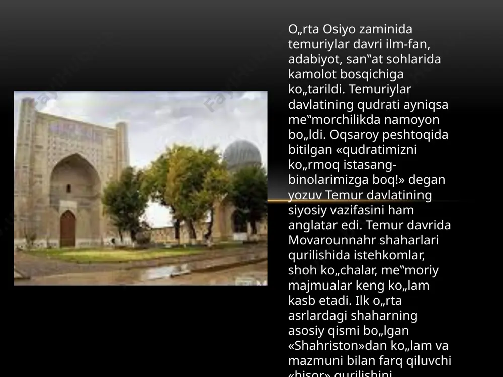 muhammad sulton mirzo samarqand qalʼasi yaqinida toshqoʼrgʼon — tomonda madrasa qurdirgan. muhammad sulton halok boʼlgach (1403), amir temur uning xotirasiga maqbara qurish haqida farmon beradi. maqbara madrasa hovlisining toʻriga bunyod etilgan go`ri amir bibixonim madrasasi bibixonim jome masjidining kirish peshtogʻi qarshisida joylashgan. lekin jome masjididan oldin qurilgan. saroy tarixchisi gʻiyosiddin alining "amir temur 1399-yil 10-mayda madrasada toʻxtab oʻtganligi" haqidagi maʼlumoti shundan dalolat beradi. tarixnavis fasih havofiy (1375— 1442) taʼkidlashicha, amir temur jome masjidi qurilishini kelib koʻrarkan, meʼmoriy majmuada mutanosiblik buzilganligi—madrasa peshtogʻi va ayvoni jome masjidga nisbatan balandroq va qiyaroq boʻlib qolganligi uchun dargʻazab boʻladi va meʼmorlar (xoja mahmud dovud va muhammad jald)ni jazoladi. arxeologik qazishlar ham shu nomutanosiblikni tasdiqlaydi. bino peshtogʻi qanchalik mahobatli boʻlmasin, uning qarshisidagi binoga monand emasligi koʻzga tashlanib qolgan. meʼmoriy uslub talabiga koʻra, nomaqbul tushgan madrasa peshtogʻi buzib tashlashga mahkum boʻldi. shuning uchun ham keyingi ayerlarda madrasa qoldiqlari buzib tashlandi. bibixonim madrasasi oqsaroy — shahrisabzdagi meʼmoriy yodgorlik …