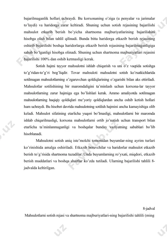 lar-ning ayrim turlari ko’rinishida amalga oshiriladi. etka​zib beruvchilar va haridorlar mahsulot etkazib berish to’g’risida shartnoma tuzadilar. unda buyumlarning ro’yxati, miqdori, etkazib berish muddatlari va boshqa shartlar ko’zda tutiladi. ularning bajarilishi tahlili 8-jadvalda keltirilgan. 8-jadval mahsulotlarni sotish rejasi va shartnoma majburiyatlari-ning bajarilishi tahlili (ming so’m) ko’rsatkichlar reja bo’yicha haqiqatda farqi (+; -) rejaning baja​rili​shi, % da so​tish hajmiga ta’siri mahsulotlarning amaldagi narxlarda sotilish hajmi 14520 14321 +71 100,5 tovar mahsuloti 14265 14493 +228 101,6 228 sotilmagan mahsulotlar qoldiqlarining o’zgarishi + 15 + 172 + 157 -157 haridorlarga mahsulotlar etkazib berish bo’yicha shartnomalarning bajari​lishi 14250 14010 -240 98,3 jadvaldan ko’rinishicha, sotilgan mahsulotlarning hajmi rejaga nisbatan 71 ming so’mga yoki 0,5% ga oshgan. bunga tovar mahsulotlarini ishlab chiqarish rejasini 228 ming so’mga yoki 1,6% ga oshirib bajarilganligi sabab bo’lgan. ammo tovar mahsulotlarining rejadan ortiq ishlab chiqarilishi to’liq. darajada sotilmagan. sotilgan mahsulotlarning o’tuvchi qoldiqlari rejalashtirilganga ko’ra 157 ming so’mga o’sgan, bu sotish hajmini shu …