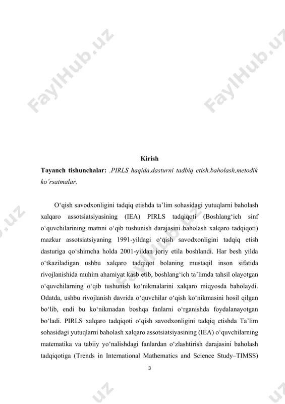 an ma’lumot olish uchun o‘qish muhim ahamiyat kasb etmoqda.62,63,64,65 o‘qishdan ko‘zlangan maqsad bilan bir qatorda pirls tadqiqoti o‘quvchilardan o‘zlarining badiiy savodxonliklarini oshirish va ma’lumot olish, undan foydalanishlari uchun o‘qib tushunish ko‘nikmalarini rivojlantirishlari kerakligiga e’tibor qaratadi. o‘qishdan ko‘zlangan har ikkala maqsad ham boshlang‘ich sinf o‘quvchilari uchun birdek muhim bo‘lgani bois, pirls tadqiqoti har bir maqsadni baholovchi, bir xil miqdordagi materiallardan tashkil topadi. shunga qaramasdan, onlayn tarzda o‘qish asosan ma’lumot olish maqsadida amalga oshirilishi uchun, epirls tadqiqoti topshiriqlari ma’lumot olish va ulardan foydalanish maqsadidagi o‘qishga qaratiladi. epirls tadqiqoti topshiriqlari ma’lumotlar uchun o‘qish ko‘nikmasini baholaydi. berilgan topshiriqlar o‘quvchilarning matnlar va tasvirli ma’lumotlar bilan ishlashlari va maktabda berilgan topshiriqlarni bajarishlari uchun link va tablardan foydalanib, ma’lumot yig‘ishi mumkin bo‘lgan internet tarmog‘idan olingan veb sahifalarga yaqinlashtiriladi. bunday yondashuv o‘quvchilarga tabiiy yoki ijtimoiy fanlar bo‘yicha maktabda berilgan topshiriqlarni bajarishda va ulardan maktab o‘quv jarayonlarida berilishi mumkin bo‘lgan qator loyihalar yoki hisobotlarni tayyorlashda yopiq internet muhitini yaratish …