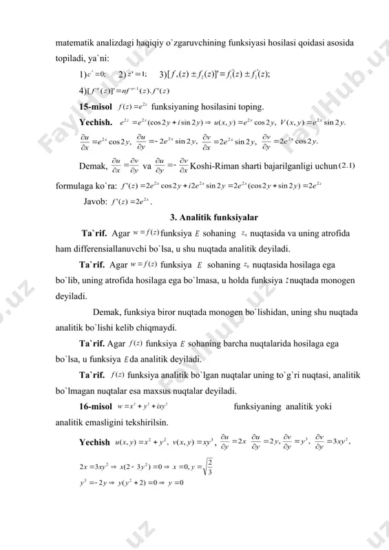 yoki analitik emasligini tekshirilsin. yechish , embed equation.3 demak, faqat (0;0) dagina hosila mavjud, boshqa nuqtada hosila yo`q, ya`ni funksiya analitik emas, monogen nuqta. 4. hosila argumentining va modulining geometrik ma`nosi biror sohada analitik funksiya berilgan bo`lsin. bu funksiya dan olingan biror aniq nuqtada hosilaga ega bo`lsin. bu funksiya yordami bilan tekislikdagi nuqtani dagi nuqtaga akslantirsak dan o`tuvchi ixtiyoriy chiziqlar dan o`tuvchi chiziqlarga akslanadi. biz hosilaning argumenti va modulining geometrik ma`nosini ko`raylik. buning uchun kompleks sonni trigonometrik shaklga keltiraylik: cho`zilish koeffitsienti, burilish burchagi. hosila ta`rifidan va 9-chizmadan foydalansak: , ya`ni, ning aksi bo`lib u burchakka burilar ekan. xuddi shuningdek ning aksi hosil bo`lib, u ham burchakka burilishini ko`rsatish mumkin ya`ni (4.2) (4.1) va (4.2) larni tenglab ushbuni hosil qilamiz yoki bundan (4.3) ekanligi kelib chiqadi. shunday qilib, analitik funksiya yordami bilan sohani sohaga akslantirsak nuqtadan o`tuvchi , … chiziqlarning hammasi da bir xil burchakka burilar ekan. va chiziqlar orasidagi burchaklar …