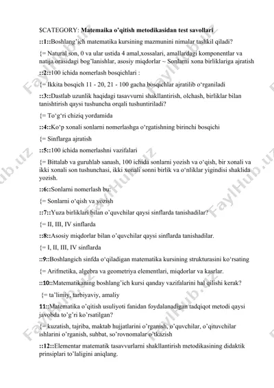 matematika o’qitish metodikasidan test savollari — DOC