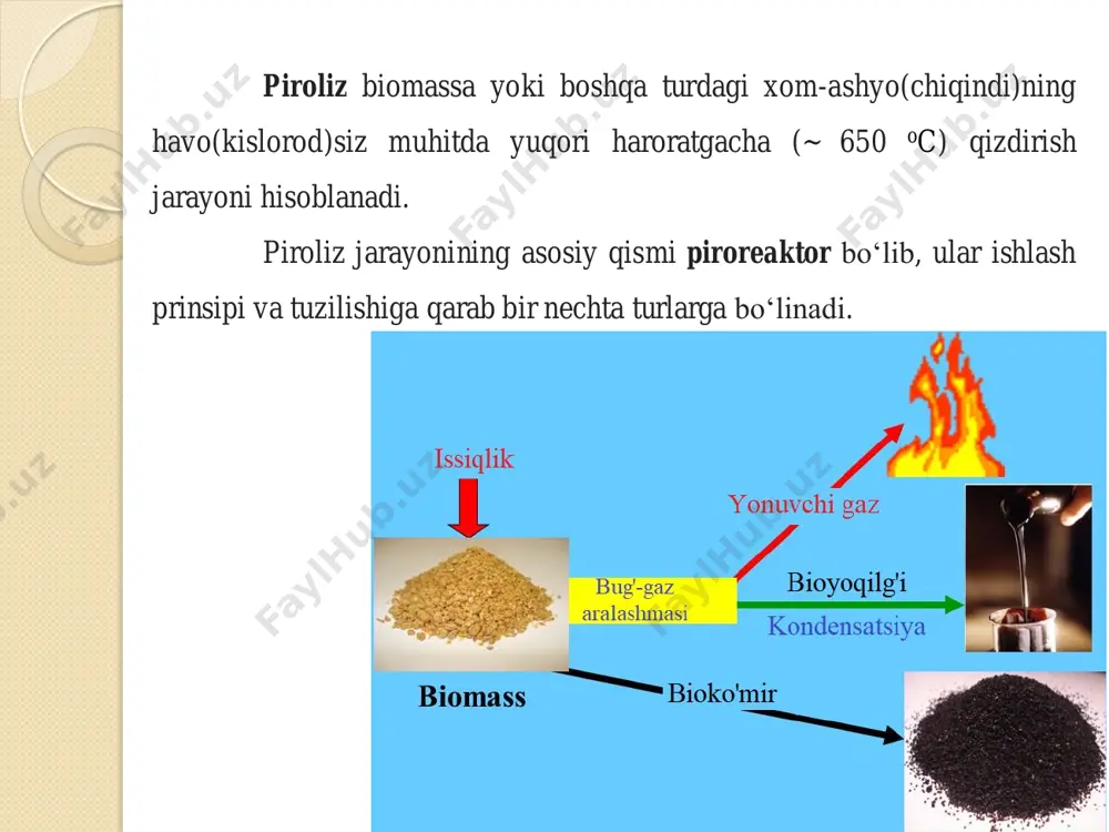 iliklar mavjud nay qatlamli reaktor(spouted bed reactor)da qattiq jismlar orasidagi harakatning yaxshi bo‘lishini ta’minlaydi. bu esa o‘z navbatida fazalar orasida yuqori tezlikda issiqlik almashinuviga olib keladi. bundan tashqari ushbu turdagi reaktorlarni tanaffussiz ishlashda qo‘llash mumkin bo‘lib, yirik masshtabli biomassa pirolizida muhim hisoblanadi. afzalligi:  massa va issiqlik almashinuvi bo‘yicha yuqori mahsuldorlik  suyuq qatlamli reaktorlarga muqobil  bioyoqilg‘ini yuqori miqdorda olish imkoniyati kamchiligi:  reactor trubkalarining ifloslanishi  qayta ishga tushirish vaqtining ko‘pligi  konstruksiyasining murakkabligi  keng ko‘lamda qo‘llash imkoniyatining pastligi aylanuvchi konus(rotating cone) tipidagi piroliz reaktorlari ikki qismdan yuqori – qo‘zg‘almas va pastki aylanuvchan qismdan iborat bo‘lib, biomassa ikkita vertikal konuslar orasiga tushadi hamda maydalanib piroliz jarayoniga o‘tadi. reaktorga issiqlik konusning sirtqi yon yuzalarini qizdirish orqali uzatiladi. afzalliklari:  aylanuvchi harakat hisobiga biomassa va qattiq jismning yaxshi aralashuvi;  inert gazni talab etmasligi;  reaktorning tezda qizishi;  issiqlik uzatishning yuqori samaradorligi. kamchiliklari:  aylanish tezligining yuqoriligi;  …