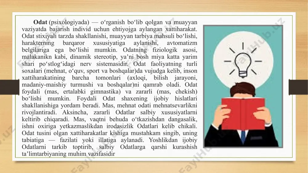 izi hisoblanadi. k. mazmunan amaliy (jismoniy) va aqliy, shaklan oddiy va murakkab turlarga ajratiladi. amaliy k.lar mehnat faoliyatini amalga oshirishga, aqliy k.lar bilim olishga, uni oʻzlashtirishga yoʻnaltirilgan boʻladi. k.larni bilim bilan adashtirmaslik lozim, chunki bilimlar voqelik toʻgʻri aks ettirilgan hukm (mulohaza)larda ifodalanadi. k.lar esa koʻproq aqliy va jismoniy harakatlarda mujassamlashadi. “ ” malaka va uning turlari tajriba nima? tajriba — voqelikni amaliy jihatdan hissiyempirik bilish jarayoni. tajriba keng maʼnoda — uquv, malaka va bilimning birligidan iborat. shuningdek, falsafada bilishning empirik usullaridan biri — eksperiment usuli ham tajriba deb ataladi. tajriba qadimdan falsafa tarixida muhim tadqiqot obʼyekti boʻlib kelgan. xulosa malaka oshirishdagi o‘qituvchilar kasbiy kompetentligi mezonlarining tarbiyalanish bosqichlari va darajalari to‘g’risidagi fikrlar hamda mualliflarning g’oyalarini umumlashtirgan holda shuni xulosa qilib aytish mumkin: o‘qituvchining kasbiy tarbiyalanish bosqichlari uning kasbiy faoliyatining ajralmas qismi bo‘lib, butun hayoti davomida amalga oshadi, bu esa “ta’lim butun hayot davomida” zamonaviy tamoyiliga butunlay mos keladi. “ ” e’tiboringiz …