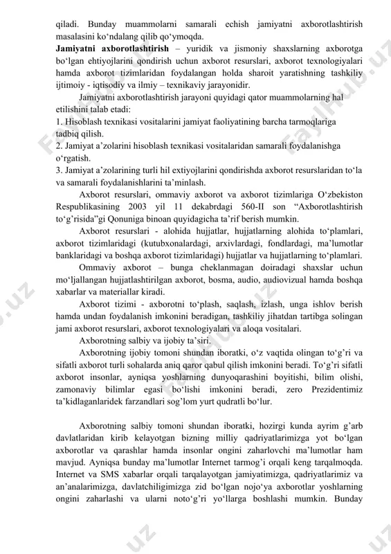 g axborot jamiyatining yaratishni qanday ta’minlashga bog’liq . axborot texnologiyalari industriyasi axborot mahsulotlari va vositalarini ishlab chiqaradi hamda istemolchilarga etkazadi. axborot mahsulotlari deganda avvalo, an’anaviy yo‘l bilan yoki elektron texnika yordamida olingan turli bilimlar sohasi, shuningdek ma’lumot va axborotning boshqa shakllari tushuniladi. axborot texnologiyalari ma’lumotlarni qayta ishlashning mustaqil tizim doirasida boshqaruv jarayonini ta’minlaydi. bunday tizimlar qatoriga sanoat korxonalari, firmalar, korporatsiyalar, moliya-kredit va tijorat-savdo tashkilotlari, ishlab chiqarish va xo‘jalik jarayonlarining avtomatlashtirilgan boshqarish, ilmiy tajribalar, iqtisodiy-matematik modeli, ma’lumolarni qayta ishlash tizimi, kutubxona xizmati va boshqa bir qator sohalar kiradi. hozirgi kunda nafaqat ta’lim sohasiga, balki milliy iqtisodning barcha tarmoqlariga: tijorat, biznes va boshqalarga zamonaviy axborot texnologiyalari keng ko‘lamda kirib kelmoqda. o‘zbekistonda yuzaga kelgan vaziyat iqtisodiyotning rivojlanishini intensiv yo‘lga o‘tkazishni, resurslarining barcha turlaridan foydalanishni, ishlab chiqarishga tobora takomillashgan mehnat jarayonlarini joriy etishni juda ham muhim vazifa qilib qo‘ymoqda. bugungi kunda kompyuter va axborot texnologiyalari, telekommunikatsiyalar tarmoqlarini, ma’lumotlar uzatishni, internet xizmatlariga kirib borishi va …