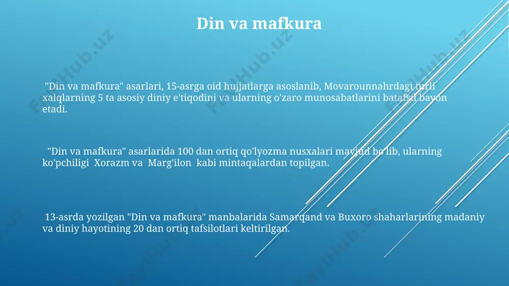 0 000 туя савдосини таъкидлайди. баҳор ва куз мавсумларида амударё бўйлаб 500 дан ортиқ кемалар орқали қимматли металлар, ғалла ва ёнғоқлар каби маҳсулотлар ташиш бўйича ҳужжатли далиллар мавжуд. самарқанд ва бухоро каби шаҳарлар ўрта асрлардаги асосий савдо марказлари сифатида ҳиндистон, хитой ва европадан келган товарларнинг транзит нуқталари бўлган. ijtimoiy tuzum va qatlamlar ma'lumotlarga ko'ra, 13-asr xorazm shahrida qo'l san'atkorlari gildiyasi a'zolari soni 500 dan oshib, ijtimoiy-iqtisodiy tuzumda muhim rol o'ynagan. samarqanddagi 15-asr yozuvlarida boy va kambag'al oilalar o'rtasidagi farqlar, ya'ni 20% boy oilalar va 80% kambag'al oilalarni tashkil etgan ijtimoiy tengsizlik tahlil qilingan. xiv asrda buxoro amirligi hududida ijtimoiy tafovutlarning 3 asosiy qatlami – olimlar, hunarmandlar va dehqonlar aniq ko'rsatilgan bo'lib, ularning har biri o'ziga xos huquq va majburiyatlarga ega bo'lgan. manbalarning ishonchliligini baholash ma’lumotlarning aniqligi va tafsilotlarning boyligi, masalan, 15-asr xorazm haqidagi rivoyatlarda ko'rsatilgan raqamlarning mosligi orqali tekshirilishi mumkin. tabariyning "tarixi-tabariy" asarida keltirilgan 8-asr farg'ona voqealari bilan boshqa mustaqil …