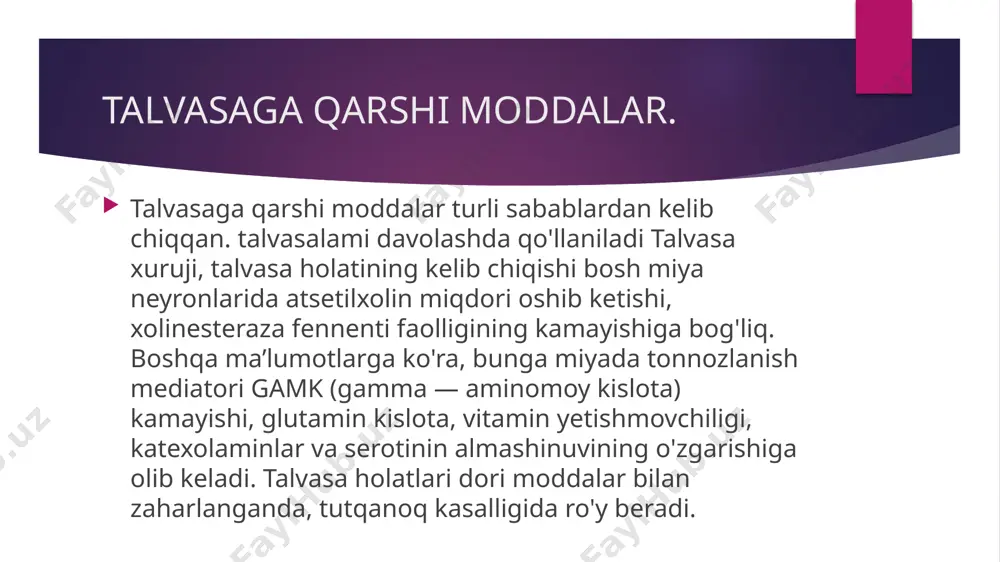 kapsulada ham ishlab chiqariladi. i tabletkadan (0,15 g) kuniga 2—3 marta buyuriladi, keyinchalik preparat dozasi oshirib boriladi. xlorakon {chloraconum). 0,25 g dan tabletka holida ishlab chiqariladi. 0,5 g dan (2 tabletkadan) kuniga 3—4 marta ichiladi. zaruriyat tug‘ilsa, bir kecha-kunduzda 4 tagacha buyuriladi. profilaktikasi: epileptik xurujlar xavfini kamaytirishga yordam beradigan ba'zi maslahatlar: har kecha yetarlicha uxlang - muntazam uyqu jadvalini belgilang va unga rioya qiling. stressni boshqarish va dam olish usullarini o'rganing. giyohvand moddalar va spirtli ichimliklardan saqlaning. barcha dori-darmonlarni shifokor buyurganidek qabul qiling. yorqin miltillovchi chiroqlar va boshqa ko`zni zo`riqtiruvchi holatlardan saqlaning. doimiy harakatlanuvchi qurilmalar bilan, baland joylarda, olov yaqinida ishlash, charchoq xavfi yuqori bo'lgan joylarda, masalan, smenali ishlarda ishlash taqiqlanadi. ketogenik parhez ga rioya qiling: ko'p yog'li ovqatlar iste'mol qiling, sho'r taomlar, suyuqliklardan cheklaning, chunki tanada suv yig`ilishi miya shishiga olib keladi va tutqanoqni keltirib chiqaradi. yengil jismoniy faoliyat bilan shug`ullaning. masalan, yurish. mashq bajarishda boshga qon quyilishini oldini …