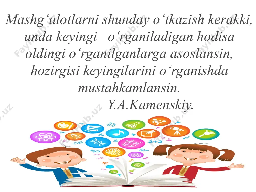 holashda kognitivizm-(cognitive-ingl.- ta’limiy,o‘rgatilgan, o‘zlashtirilgan) o‘gtan asrning 60-yillarigacha pedagogika va psixologiyada hukumon bo‘lgan bixevoristik yondashuvdan quyidagicha farqlanadi; . bixevoristik yondashuvda inson hatti-harakatlari tashqi muhit ta’sii bilan belgilanadi, ko‘p hollarda ongsiz reaksiyalar majmuasi sifatida tushunildi; kognitiv yondashuvda bu hatti-harakatlarda onglilik- ta’lim asosida hosil qilingan malaka va ko‘nikmalar ustunligi tan olinadi. ona tili darslarining samaradorligi o‘qituvchining o‘qitish metodlarini mukammal bilishi, metodni to‘g‘ri tanlay olishi va ularning har birini o‘z o‘rnida qo‘llay olishiga bog‘liq. metod so‘zi qanday ma’noni ifodalaydi? metod yunoncha so‘z bo‘lib, «tadqiqot» yoki «bilish yo‘li» ma’nolarini ifodalaydi. bu tushuncha falsafiy va didaktik ma’nolarga ega. metod-ma’lumotlarni to‘plash, tadqiq qilish, keng ma’noda yo‘l, ijodiy faoliyatning har qanday shakli kabi ma’nolarni anglatadi.u subyektni ma’lum bir vazifani bajarishga, faoliyatning shu sohasida ma’lum natijalarga erishish sari yo‘naltiradi.u haqiqatni izlashda vaqt, kuchni tejaydi, maqsadga oson va yaqin yo‘l bilan yetishga yordam beradi. 0‘zbek tilini o‘qitishning metodlari haqida umumiy tushuncha metodika-muammoni hal qilish jarayonida unga mos metodlardan bir nechtasini …