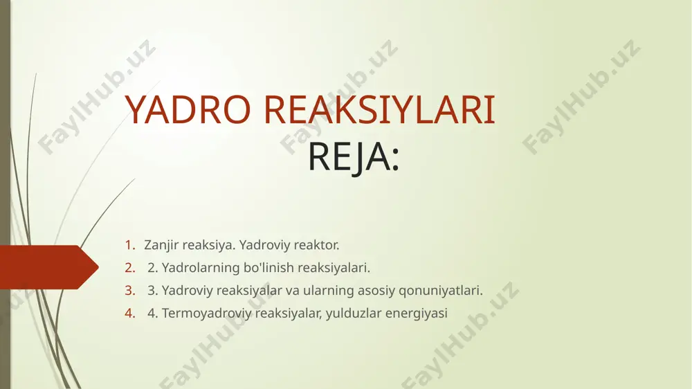 c* yadroning (bundagi yulduzcha yadroning uyg’ongan holatini ifodalaydi) yashash davomiyligi ancha katta taxminan ( dan ) s bo'ladi. yadro fizikasida yadroviy vaqt tushunchasidan foydalanish odat bo’lgan. yadroviy vaqt deganda energiyasi 1 mev bo'lgan nuklon (v ~ 107 m/s ga moc keladi) yadroning diametriga (~ m) teng masofani bosib o'tishi uchun ketgan vaqt = m / m/s = s tushuniladi. demak, oraliq yadroning yashash davomiyligi yadroviy vaqtdan dan martagacha katta 2. zarrani yadro bilan bevosita o'zaro ta'sirlashuvi tufayli amalga oshadigan reaksiyalar. misol tariqasida deyton ( ) ni yadro bilan o'zaro ta'sirlashuvini bayon qilaylik. yadroga yaqinlashgan deytonning protonini yadro itarib yuboradi (ikkalasining qam zaryadi musbat bo'lganligi uchun). deytonning neytroni esa yadroga kirishi mumkin. natijada deyton bo'linib ketadi, ya'ni uning neytronini yadro yutadi, protoni esa yadroga kirmasdan o'tib ketadi. buni ba'zan, "uzib olish" reaksiyasi deb ham ataladi. yadroviy reaksiyalarni tajribalarda o'rganish tufayli reaksiyalarda saqlanish qonunlarining bajarilishi aniqlandi: 1. yadroviy reaksiyaga kirishuvchi zarralarning umumiy …