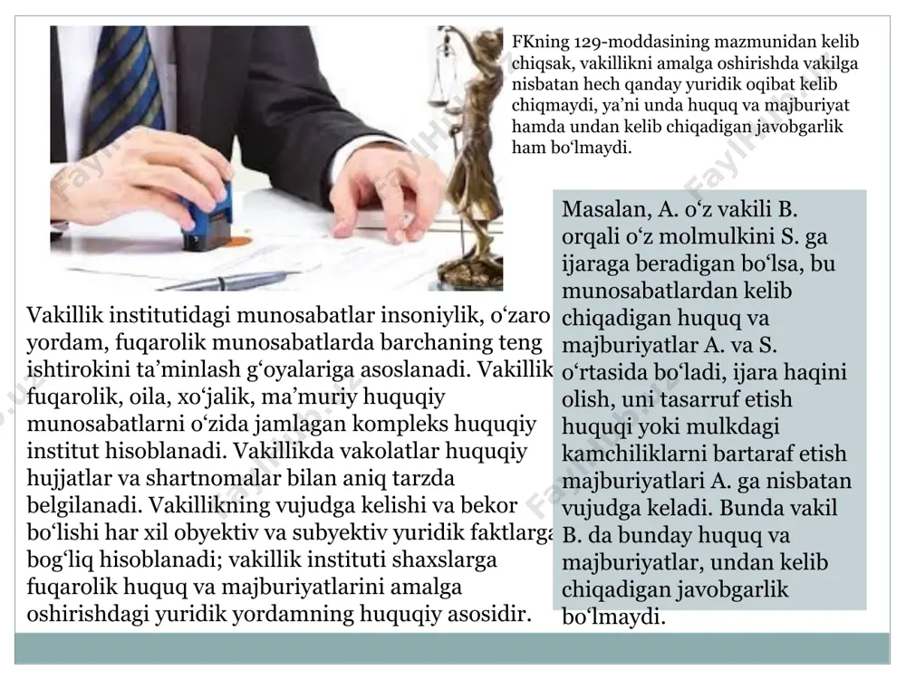 uchun beriladigan yozma vakolatga aytiladi. ishonchli vakil o‘ziga ishonchnoma bilan berilgan vakolatlar doirasida ish olib boradi. ishonchnomaning berilishi vakil uchun vakolat belgilashga qaratilgan bir tomonlama bitim sifatida ko‘riladi. ishonchnoma topshiriq shartnomasi, mehnat shartnomasi, ekspeditsiya shartnomasi va boshqa shartnomalar asosida beriladi. ishonchnoma ishinchnoma turlari umumiy maxsus bir martalik turli bitimlarni tuzish yoki boshqa yuridik harakatlar amalga oshirish, masalan, yuridik va jismoniy shaxslarning filiallarini idora etish yoki fuqaroga tegishli transport vositasini boshqarish uchun berilgan vakolat ko‘rsatiladi faqat muayyan sohada bitimlarni tuzish yoki yuridik harakatlarni sodir etish imkonini beradi. faqat bir bitim yoki yuridik harakat sodir etish uchun beriladi va uning bajarilishi orqali ishonchnoma o‘z kuchini yo‘qotadi. etiboringiz uchun rahmat image3.png image4.png image5.png image6.png image7.png image8.png image9.png image10.png image11.png /docprops/thumbnail.jpeg