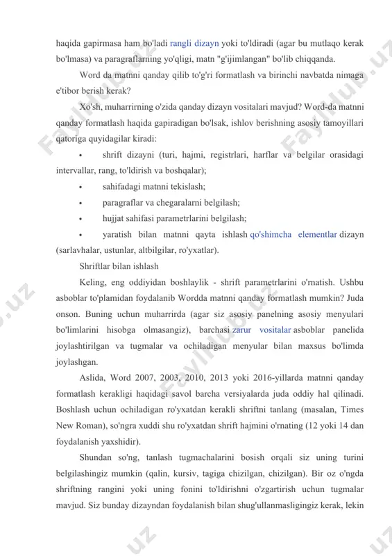 ning muhimligini ta'kidlash kerak bo'lganda foydalaning. xuddi shu narsa avvalgi parametrlarni o'rnatish uchun ham amal qiladi. matnni tekislash keyingi qadam matnni tekislash parametrlarini o'rnatishdir. odatiy bo'lib, muharrir chap tomonga hizalanadi. ammo o'qish uchun matnning bu pozitsiyasi har doim ham qulay emas. asboblar panelida tekislashni o'rnatish uchun to'rtta asosiy tugma mavjud: · chap chekka bo'ylab; · markazda; · o'ng chetida; · kengligida. adabiyotlar 1.kostrikin a.i. vvedenie v algebru.uchebnik.m.nauka,1977g. 2.hojiev j., faynleyb.f.s. algebra va sonlar nazariyasi kursi. t. 2001 y. 3.kurosh f.g. oliy algebra kursi. t.ukituvchi . 1976 y.. 4.fadeev d.k.,sominskiy i.s.sbornik zadach po visshey algebre. m.nauka .1976 g. 5. gelfand i.m. lektsii po lineynoy algebre. http://www.mcmee.ru, http://lib.mexmat. ru. 6. kurosh a.g. kurs visshey algebre http://www.mcmee.ru, http://lib.mexmat. ru.