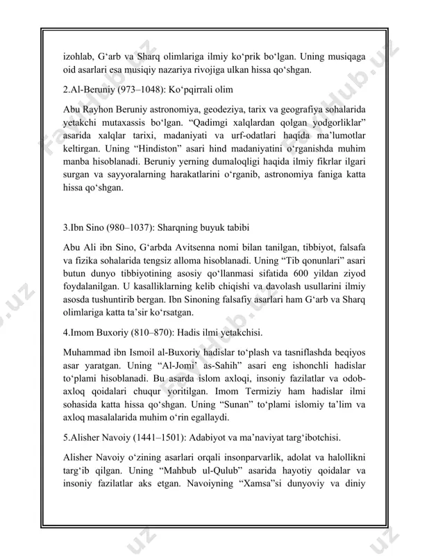 rqali ilm-fan va ma’naviyatning rivojlanishiga beqiyos hissa qo‘shgan. ularning ilmiy faoliyatlari yoshlarni tarbiyalashda, axloqiy, ma’naviy va ilmiy jihatdan yuksak insonlar bo‘lib voyaga yetishlariga xizmat qiladi. ular ilmiy izlanishlar orqali faqat bilimi yuqori bo‘lgan insonlar sifatida emas, balki axloqiy yuksaklikka erishgan kishilar sifatida ham tanilgan. allomalarning asarlari, fikrlari va ta’limotlari yoshlarni yuksak ma’naviyatli, bilimdon va komil insonlar sifatida tarbiyalashda muhim vosita bo‘lib xizmat qiladi.o‘rta osiyo allomalari ilmiy faoliyati va g‘oyalari yoshlarni tarbiyalashda bir necha jihatdan foydalidir: - ma’naviyatni yuksaltirish: allomalarning axloqiy va ma’naviy g‘oyalari, insoniy qadriyatlarni ulug‘lash, ijtimoiy adolat, sadoqat va vijdonning ahamiyatini yoshlar ongiga singdirish. - ilm-fan va ta’limning ahamiyatini tushuntirish: allomalar ilmning barcha sohalarini birlashtirib, yoshlarni bilimga chanqoq va ijtimoiy mas’uliyatli shaxslar sifatida tarbiyalashni o‘z asarlarida ilgari surgan. - falsafiy va diniy qarashlar: o‘rta osiyo allomalari ilmiy va diniy ta’limotlarni uyg‘unlashtirib, yoshlarni nafaqat ilmli, balki ma’naviyatli va axloqli insonlar bo‘lishga undagan. 1. alisher navoiy va uning ilmiy merosi alisher …