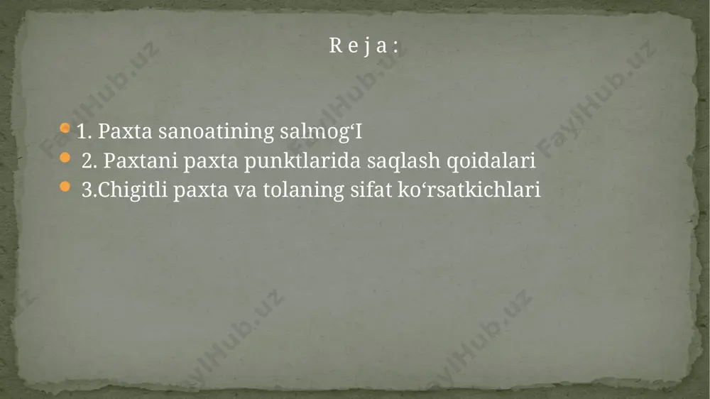 rishda qo‘llaniladi. paxta eng arzon va keng tarqalgan mahsulot hisoblanadi. har yili butun dunyoda tayyorlanadigan barcha to‘qimachilik tolalarining qariyb yarmini paxta tolasi tashkil qiladi. paxtani qayta ishlab (tozalab), tola (30-40%), chigit (60-70 %) va momiq olinadi. chigit tarkibida esa 22-28 % gacha moy bo‘ladi. g‘o‘za bargi, poyasi va po‘stlog‘idan 100 dan ortiq, paxta tolasidan 50 ga yaqin, chigitidan 45 dan ortiq turli xil mahsulotlar olinadi. paxta mahsulotlaridan sanoatning ko‘pgina tarmoqlarida (to‘qimachilik, aviatsiya, ximiya, meditsina, avtomobil va boshqa sohalarda) keng foydalaniladi. bir tonna chigitli paxtadan 350-380 kg tola, 550-570 kg chigit, 50-120 kg momiq olinadi. bir kilogramm toladan 5 m gazlama yoki 140 ta g‘altak ip ishlab chiqariladi. bir gektar yerda yetishtirilgan paxtadan o‘rtacha hosildorlik 30 sentner bo‘lganda shuncha mahsulotdan 7-8,5 ming metr gazlama, 270 kg paxta moyi, 730 kg kunjara, 47 kg sovun, 108 kg momiq, 240 kg chigit va boshqa mahsulotlar olinadi. shunday ekan, paxta yetishtirishni rivojlantirish bilan birga …