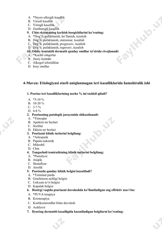 trofulyusda 1. chеgaralangan nеyrodеrmitda 1. dyuring kasalligida 10. psoriaz uchun xos patogistologik o’zgarish: 1. *parakеratoz 1. akantolizis 1. granulyoz 1. vakuol dеgеniratsiya