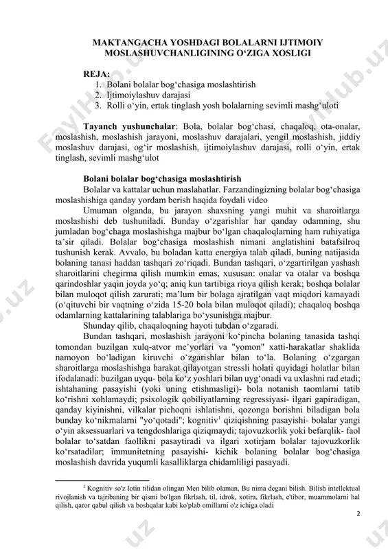 o‘z yoshlari bilan uyg‘onadi va uxlashni rad etadi; ishtahaning pasayishi (yoki uning etishmasligi)- bola notanish taomlarni tatib ko‘rishni xohlamaydi; psixologik qobiliyatlarning regressiyasi- ilgari gapiradigan, qanday kiyinishni, vilkalar pichoqni ishlatishni, qozonga borishni biladigan bola bunday ko‘nikmalarni "yo‘qotadi"; kognitiv[footnoteref:1] qiziqishning pasayishi- bolalar yangi o‘yin aksessuarlari va tengdoshlariga qiziqmaydi; tajovuzkorlik yoki befarqlik- faol bolalar to‘satdan faollikni pasaytiradi va ilgari xotirjam bolalar tajovuzkorlik ko‘rsatadilar; immunitetning pasayishi- kichik bolaning bolalar bog‘chasiga moslashish davrida yuqumli kasalliklarga chidamliligi pasayadi. [1: kognitiv so'z lotin tilidan olingan men bilib olaman, bu nima degani bilish. bilish intellektual rivojlanish va tajribaning bir qismi bo'lgan fikrlash, til, idrok, xotira, fikrlash, e'tibor, muammolarni hal qilish, qaror qabul qilish va boshqalar kabi ko'plab omillarni o'z ichiga oladi] shunday qilib, moslashish jarayoni murakkab hodisa bo‘lib, uning davomida bolaning xatti-harakati keskin o‘zgarishi mumkin. bolalar bog‘chasiga bola o‘rganib qolganida, bunday muammolar yo‘qoladi yoki sezilarli darajada pasayadi. moslashuv darajalari. bolaning bolalar bog‘chasiga moslashish jarayoni turli yo‘llar bilan davom …