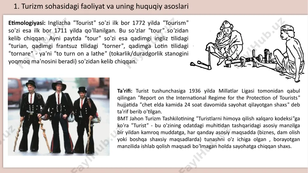 jo‘nab ketishi (sayohat qilishi). yuqoridagi ta’rif o‘zbekiston respublikasining 18.07.2019 yildagi o‘rq-549-son turizm to‘g‘risida gi qonunida berib o’tilgan. same day visitor (or excursionist) qonunning tamoyillari: turistlarning, ekskursantlarning va turizm sohasi subyektlarining huquqlari, erkinliklari, qonuniy manfaatlarini hamda xavfsizligini himoya qilish ustuvorligi; turizmni barqaror rivojlantirish va buning uchun qulay shart-sharoitlar yaratish; turizm sohasida tadbirkorlikni davlat tomonidan qo‘llab-quvvatlash va raqobatni rivojlantirish turizm sohasida oshkoralik va ochiqlik. 1. turizm sohasidagi faoliyat va uning huquqiy asoslari turizm shakllari xalqaro ichki o’zrsida doimiy yashovchi shaxslarning o’zrsi hududidagi sayohati kirish - o’zrsida doimiy yashamaydigan shaxslarning o’zrsi hududidagi sayohati chiqish - o’zrsida doimiy yashovchi shaxslarning boshqa mamlakatga sayohati turizm tashkil etilayotgan turning o‘ziga xosligi, mavzusi, davomiyligi, harakatlanish usullari va turning boshqa xususiyatlaridan kelib chiqqan holda madaniy-tarixiy, ziyorat, ekologik, ma’rifiy, etnografik, gastronomik, ishbilarmonlik, ijtimoiy, sport, tibbiy, yoshlar turizmi, agroturizm hamda turizmning boshqa turlariga bo‘linishi mumkin. o’zrsi “turizm to’g’risida”gi qonunining 5-moddasi 1. turizm sohasidagi faoliyat va uning huquqiy asoslari o‘zbekiston respublikasining …