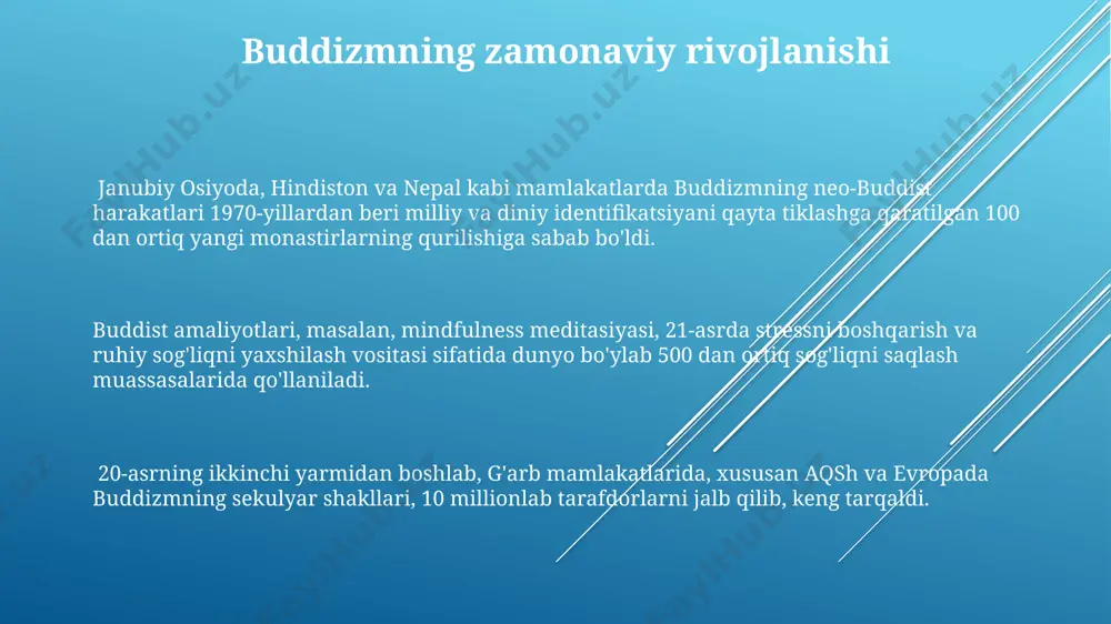 taxkand va buxoro kabi shaharlarga tarqaldi, ma’naviy ta’sirini kuchaytirdi. sangha jamiyatining tashkil topishi sangha jamiyatining dastlabki shakllanishi qadimgi hindistonning magadha mintaqasida, taxminan eramizdan avvalgi 6-asrda, buddaning oʻzining 500 ga yaqin shogirdlari bilan birga tashkil topgan. sangha jamiyatining rivojlanishi bilan birga, turli mazhablardan boʻlgan, 18 ta asosiy maktablarga boʻlinib ketgan va hindistonning turli mintaqalarida faoliyat koʻrsatgan. sangha jamiyati boshlangʻich davrida asosan rohiblar va rohiba boʻlib, ular turli viloyatlarda, masalan, kosala va rajagrihada, oddiy hayot kechirishgan va diniy amaliyotlarga bagʻishlangan. mahayana va hinayana yoʻnalishlari hinayana va mahayana oʻrtasidagi asosiy farqlaridan biri, mahayana buddizmining butun mavjudot uchun nuroniyatga erishishni maqsad qilishi, hinayana esa asosan individual ozodlikka e'tibor qaratishi hisoblanadi. hinayana, pali kanoniga asoslangan va theravada buddizmi sifatida ham tanilgan, taxminan 2500 yil avval hindistonda paydo boʻlgan va janubi-sharqiy osiyo mamlakatlariga tarqalgan, asosan individual nirvanaga erishishga e'tibor qaratadi. mahayana buddizmi milodiy i asrdan boshlab hindistonning shimoliy hududlarida, xususan, kashmir va gandhara kabi joylarda paydo …
