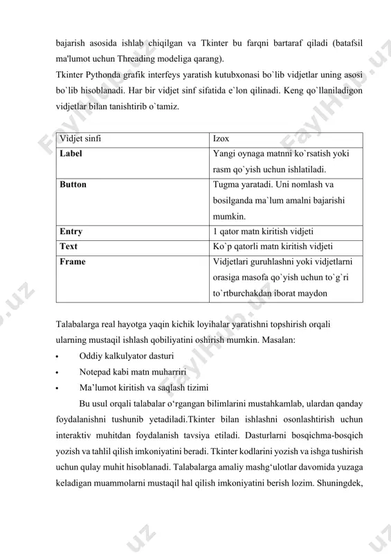 (batafsil ma'lumot uchun threading modeliga qarang). tkinter pythonda grafik interfeys yaratish kutubxonasi bo`lib vidjetlar uning asosi bo`lib hisoblanadi. har bir vidjet sinf sifatida e`lon qilinadi. keng qo`llaniladigon vidjetlar bilan tanishtirib o`tamiz. vidjet sinfi izox label yangi oynaga matnni ko`rsatish yoki rasm qo`yish uchun ishlatiladi. button tugma yaratadi. uni nomlash va bosilganda ma`lum amalni bajarishi mumkin. entry 1 qator matn kiritish vidjeti text ko`p qatorli matn kiritish vidjeti frame vidjetlari guruhlashni yoki vidjetlarni orasiga masofa qo`yish uchun to`g`ri to`rtburchakdan iborat maydon talabalarga real hayotga yaqin kichik loyihalar yaratishni topshirish orqali ularning mustaqil ishlash qobiliyatini oshirish mumkin. masalan: · oddiy kalkulyator dasturi · notepad kabi matn muharriri · ma’lumot kiritish va saqlash tizimi bu usul orqali talabalar o‘rgangan bilimlarini mustahkamlab, ulardan qanday foydalanishni tushunib yetadiladi.tkinter bilan ishlashni osonlashtirish uchun interaktiv muhitdan foydalanish tavsiya etiladi. dasturlarni bosqichma-bosqich yozish va tahlil qilish imkoniyatini beradi. tkinter kodlarini yozish va ishga tushirish uchun qulay muhit hisoblanadi. …